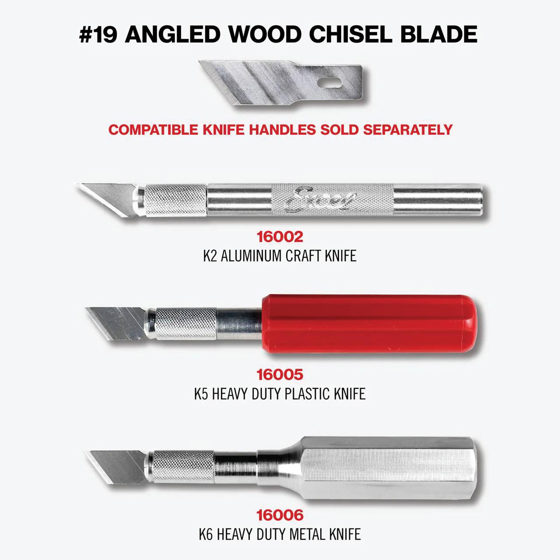 Excel Blades #19 Sharp Edge Angled Blade showing compatible handles (sold separately)
