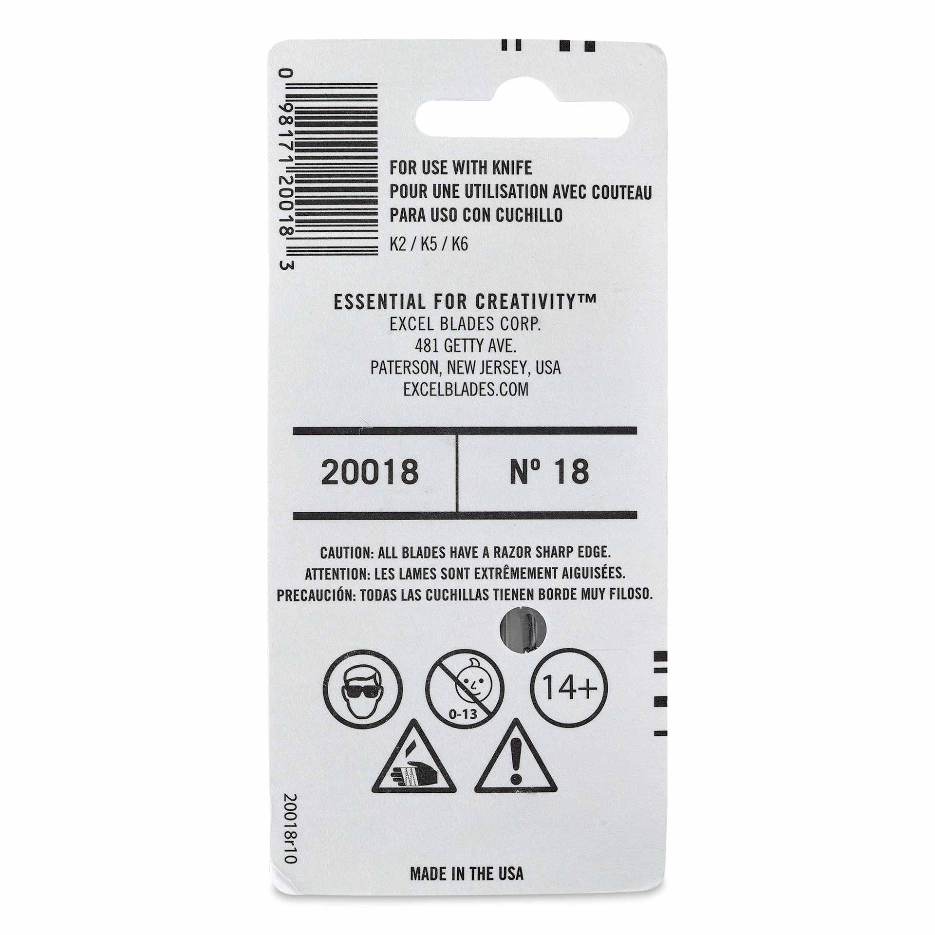 Excel Blades #18 Large Chisel Blade - Pkg of 5, back of the packaging