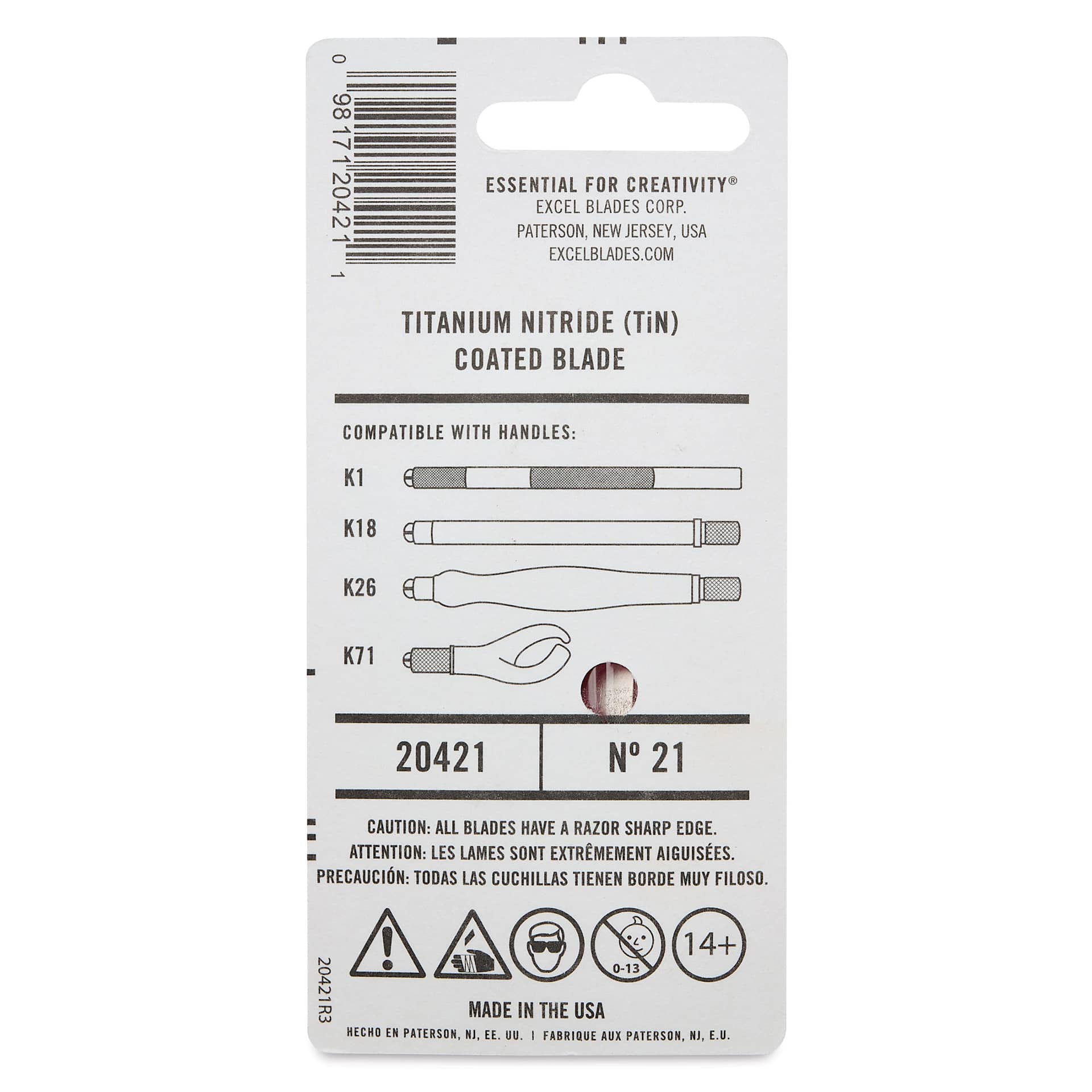 Excel Blades #21 Titanium Nitride Coated Blades - Pkg of 5, back of packaging