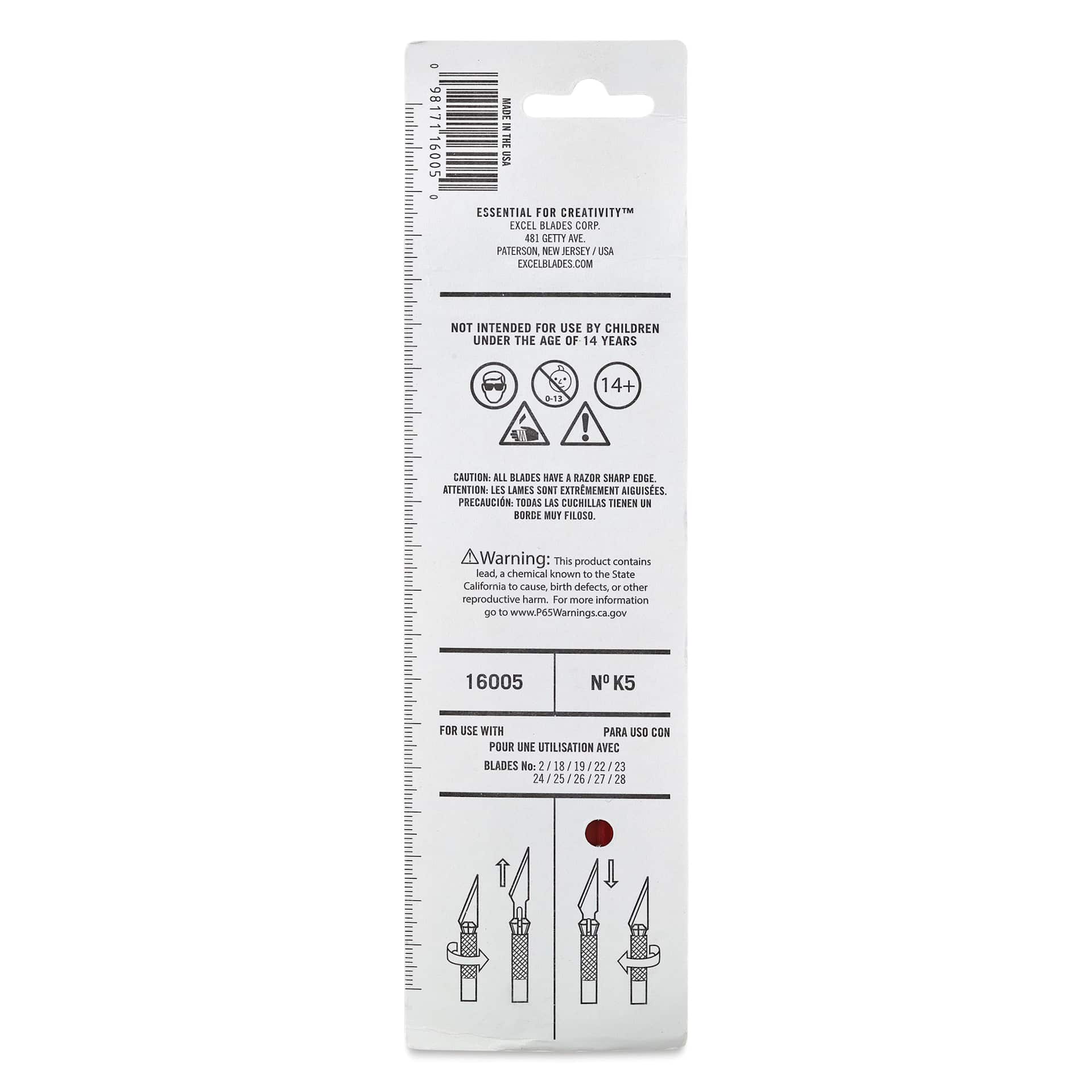 Excel Blades K5 Heavy Duty Knife, back of the packaging