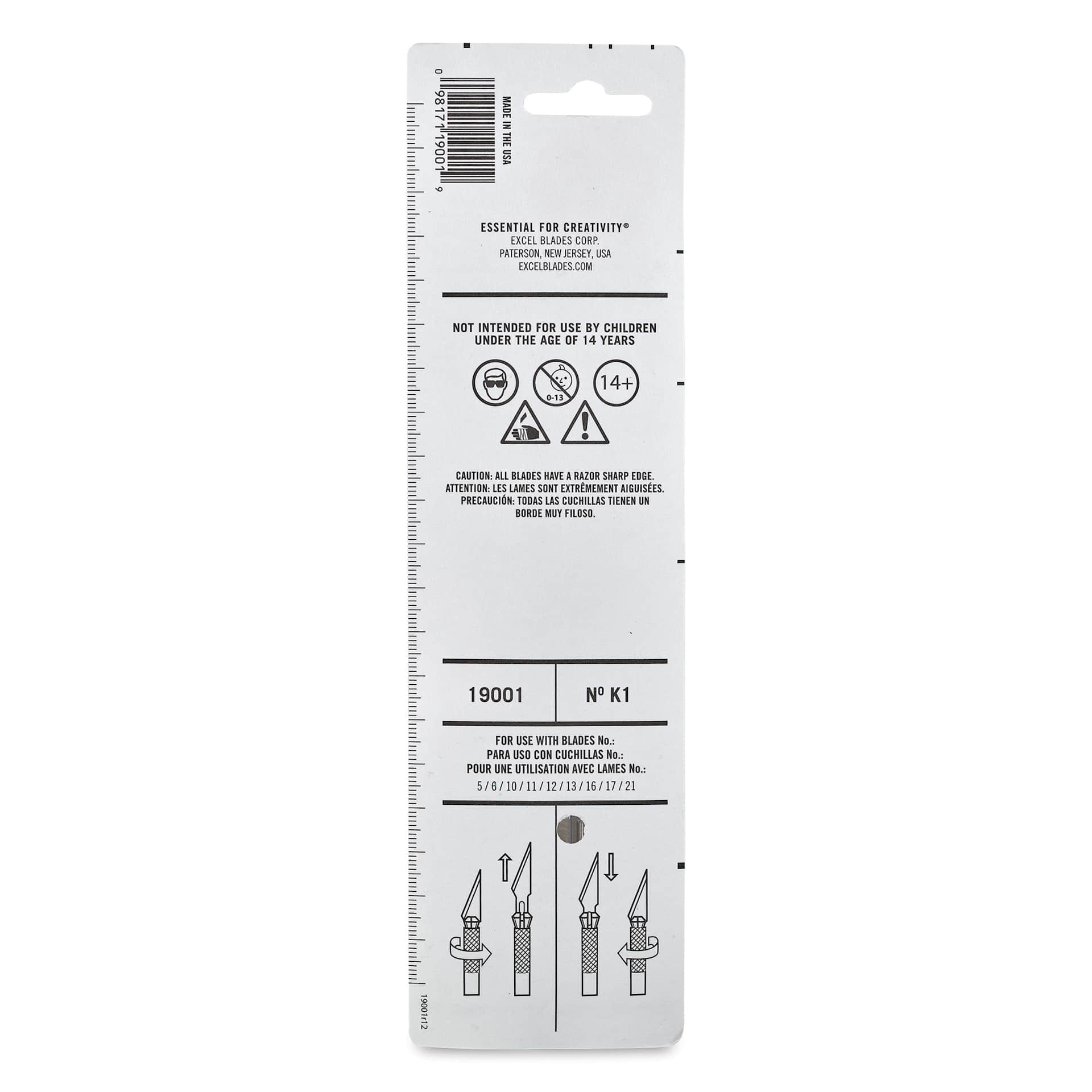 Excel Blades K1 Light Duty Knife with Assorted Blades, Pkg of 6, back of the packaging