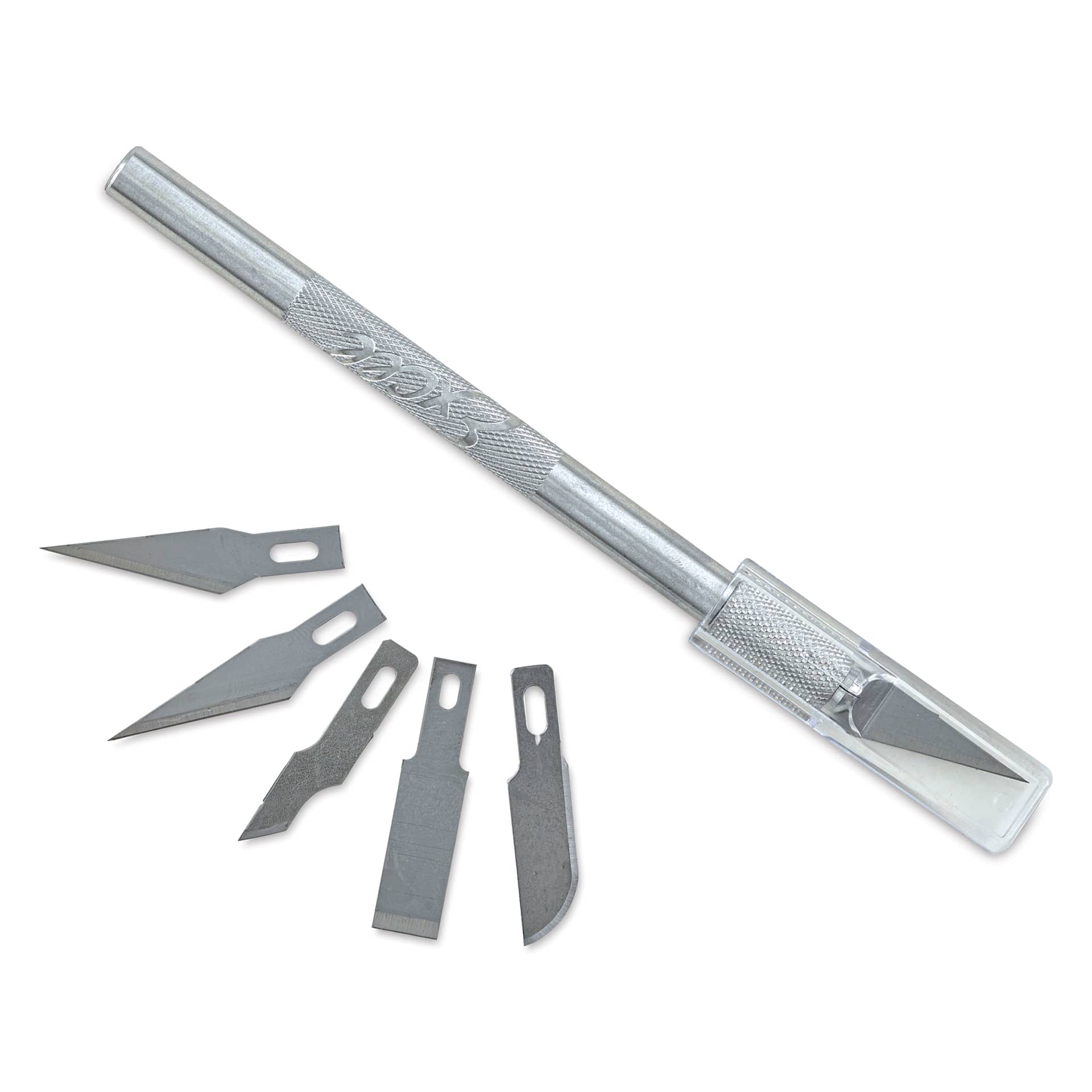 Excel Blades K1 Light Duty Knife with Assorted Blades, blades fanned out next to knife with cap on