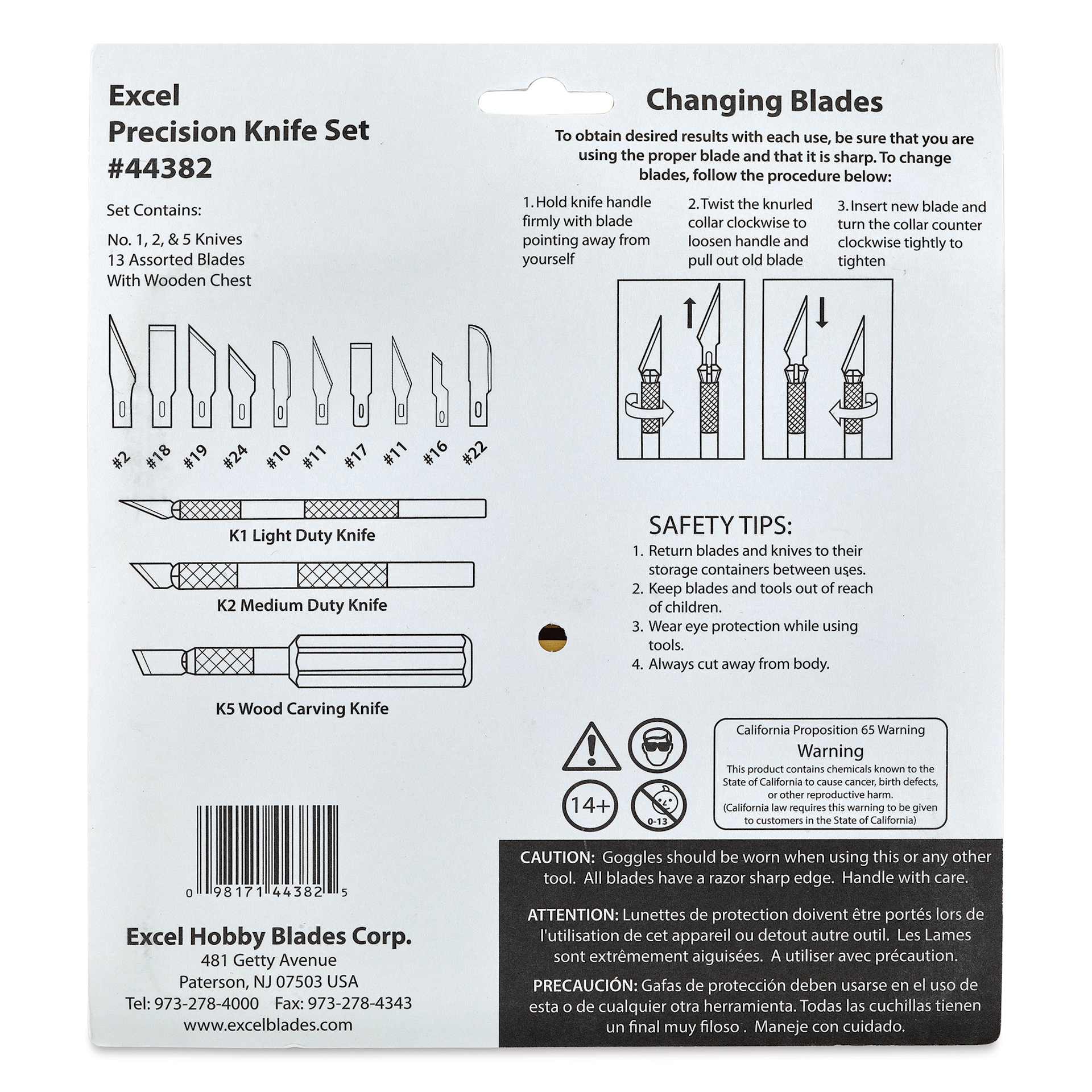 Excel Blades Hobby Knife Set, back of the packaging