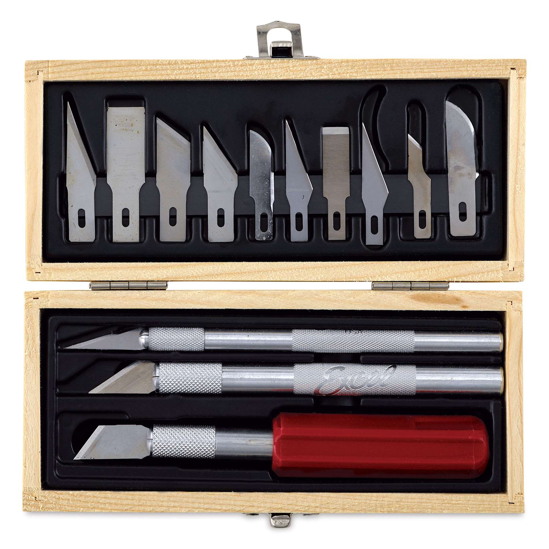Excel Blades Hobby Knife Set, wooden carrying box opened outside of the packaging
