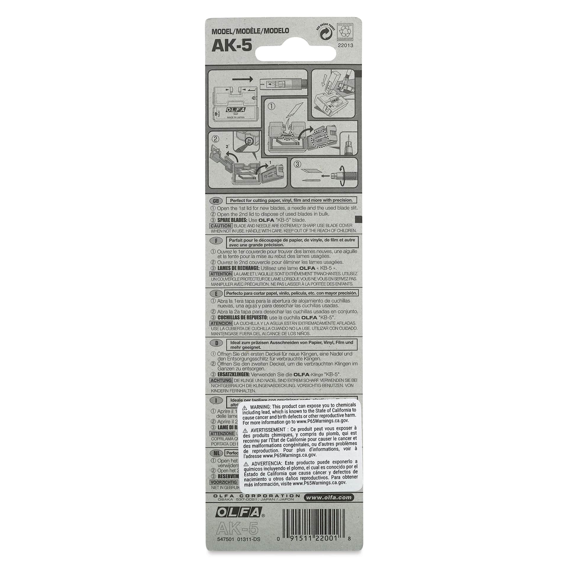 Olfa Designer Graphic Art Knife, back of the packaging