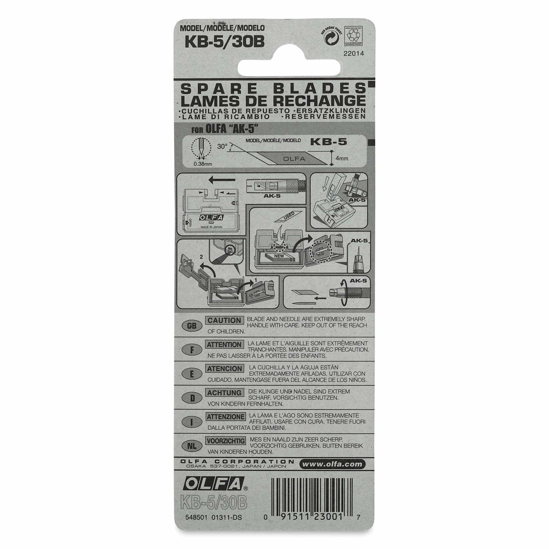 Olfa Multi-Purpose Art Blades - 4 mm, Pkg of 30, back of the packaging