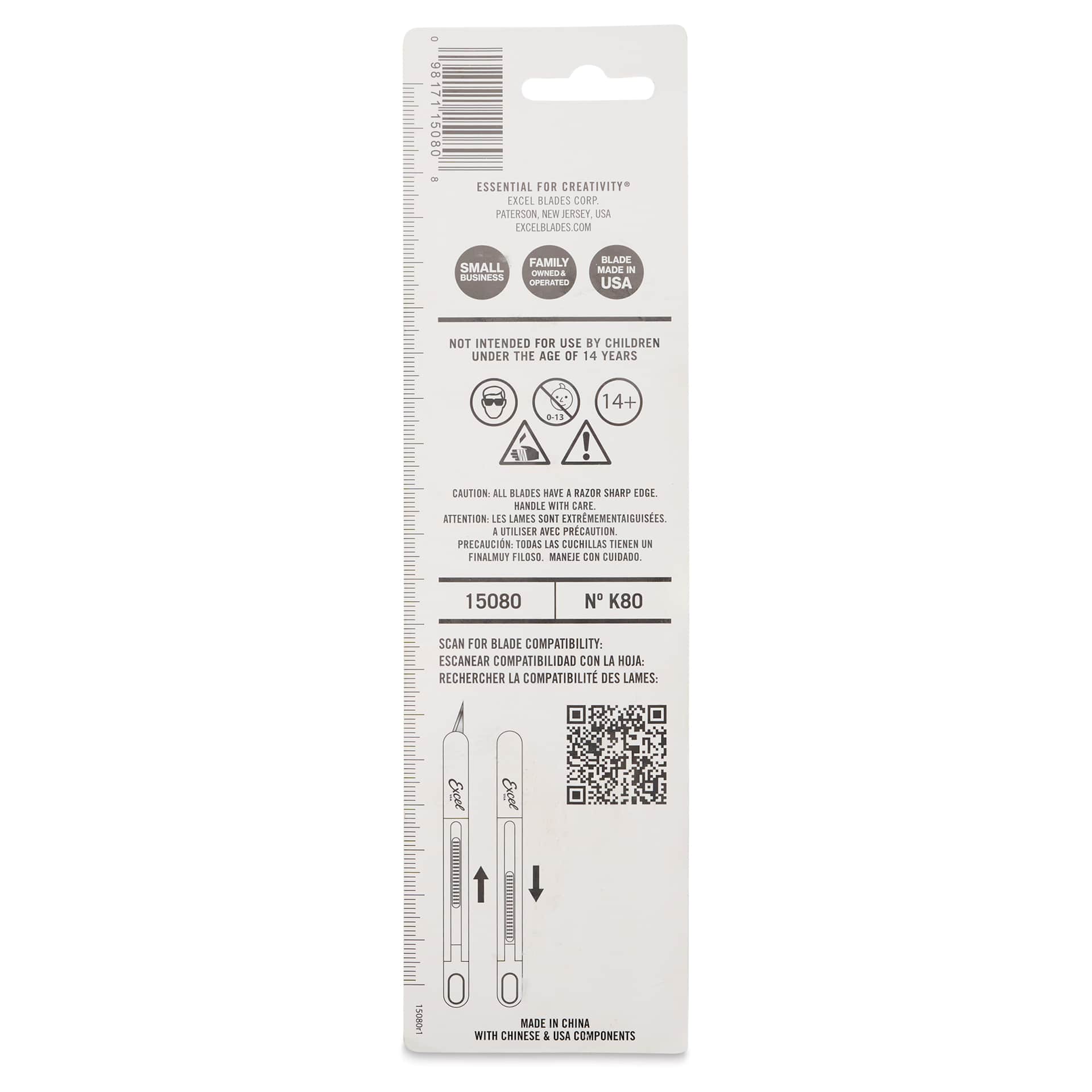 Excel Blades K80 Retractable Craft Knife - With 5 #21 Blades, back of packaging