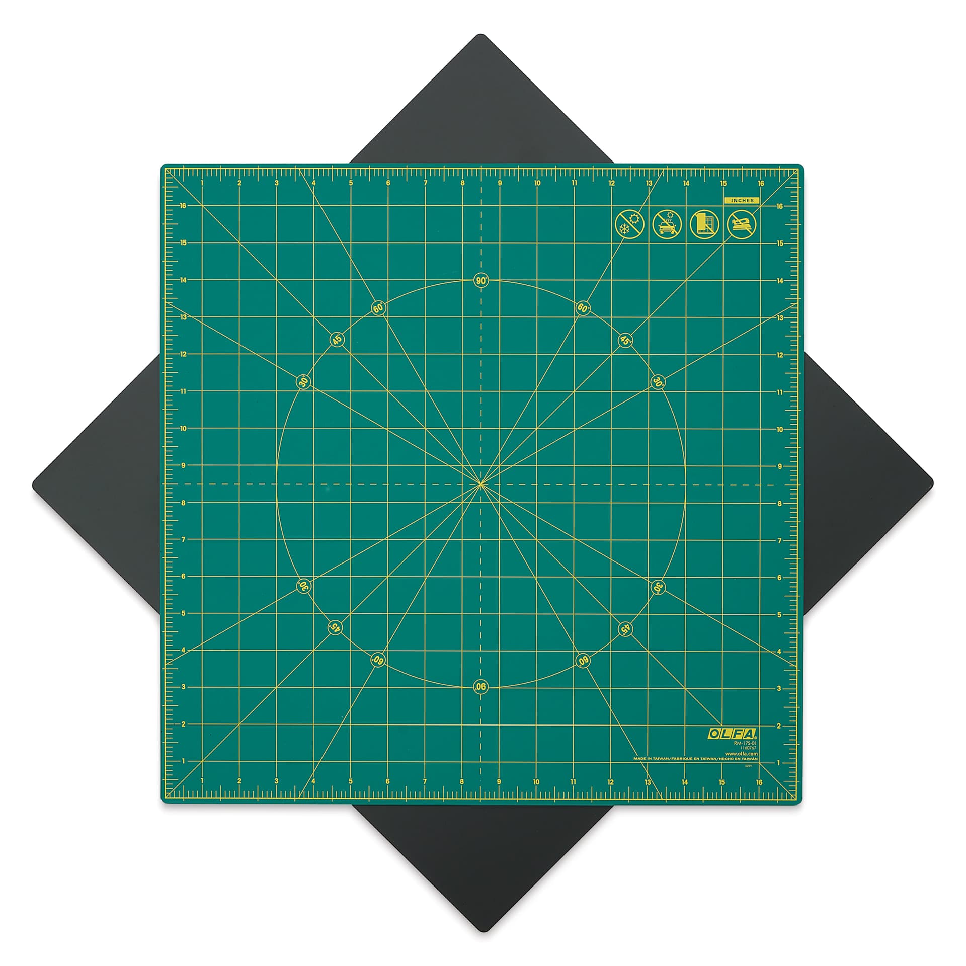 Olfa Rotating Cutting Mat, 17" x 17" - self-healing cutting mat rotated 45° on included non-slipping mat