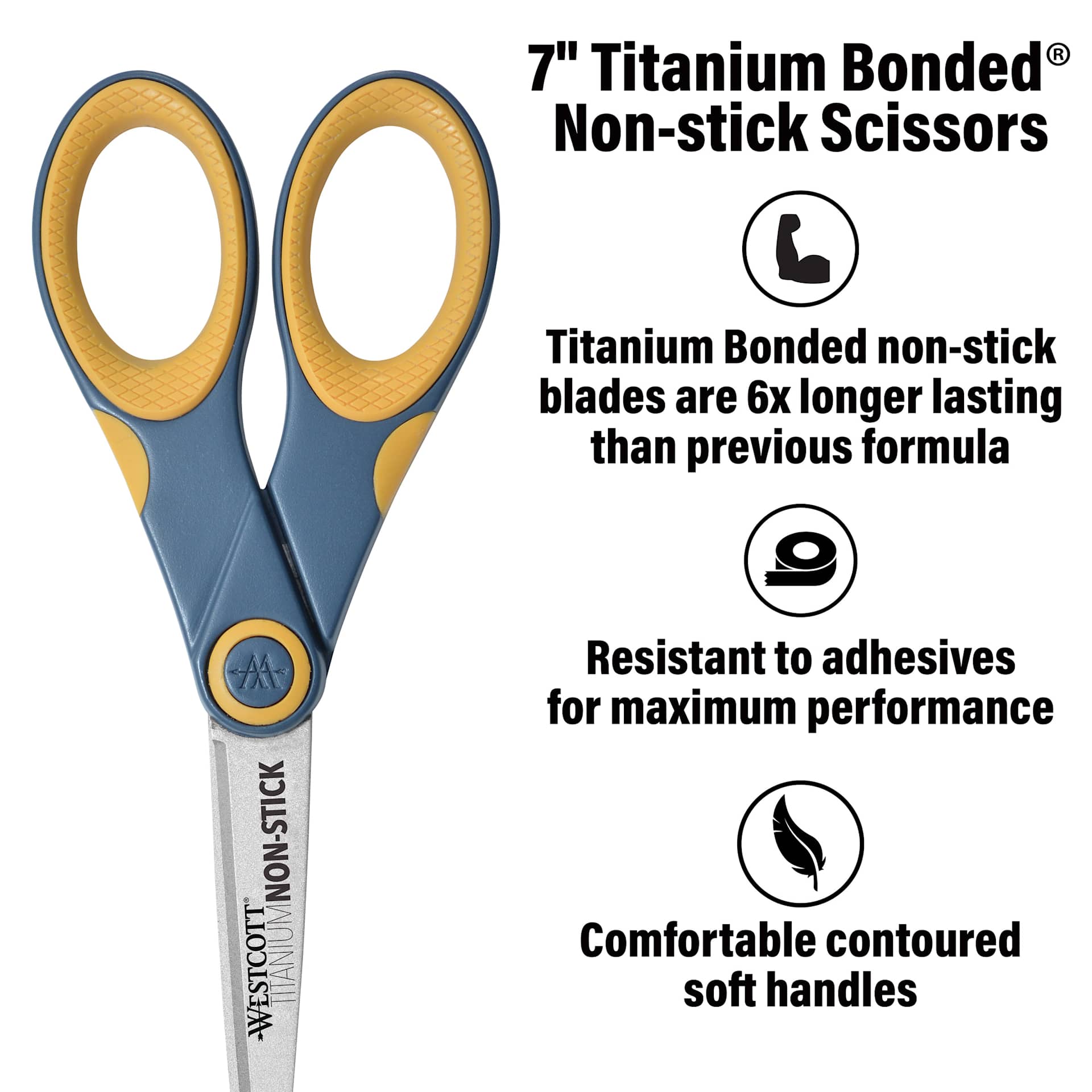 7" Titanium Bonded non-stick blades are 6x longer lasting than previous formula, Resistant to adhesives for maxiumum performance, Comfortable contoured soft handles.