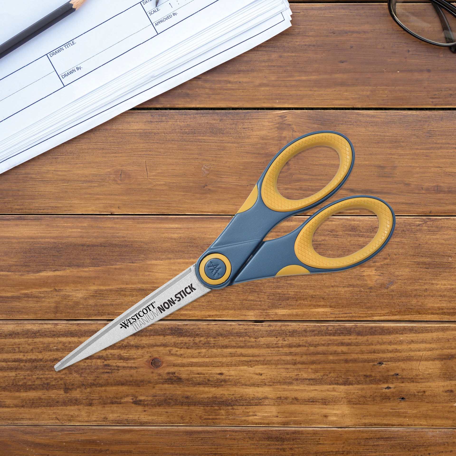 Westcott Straight Titanium Bonded Non-Stick Scissors - 7" laying on table