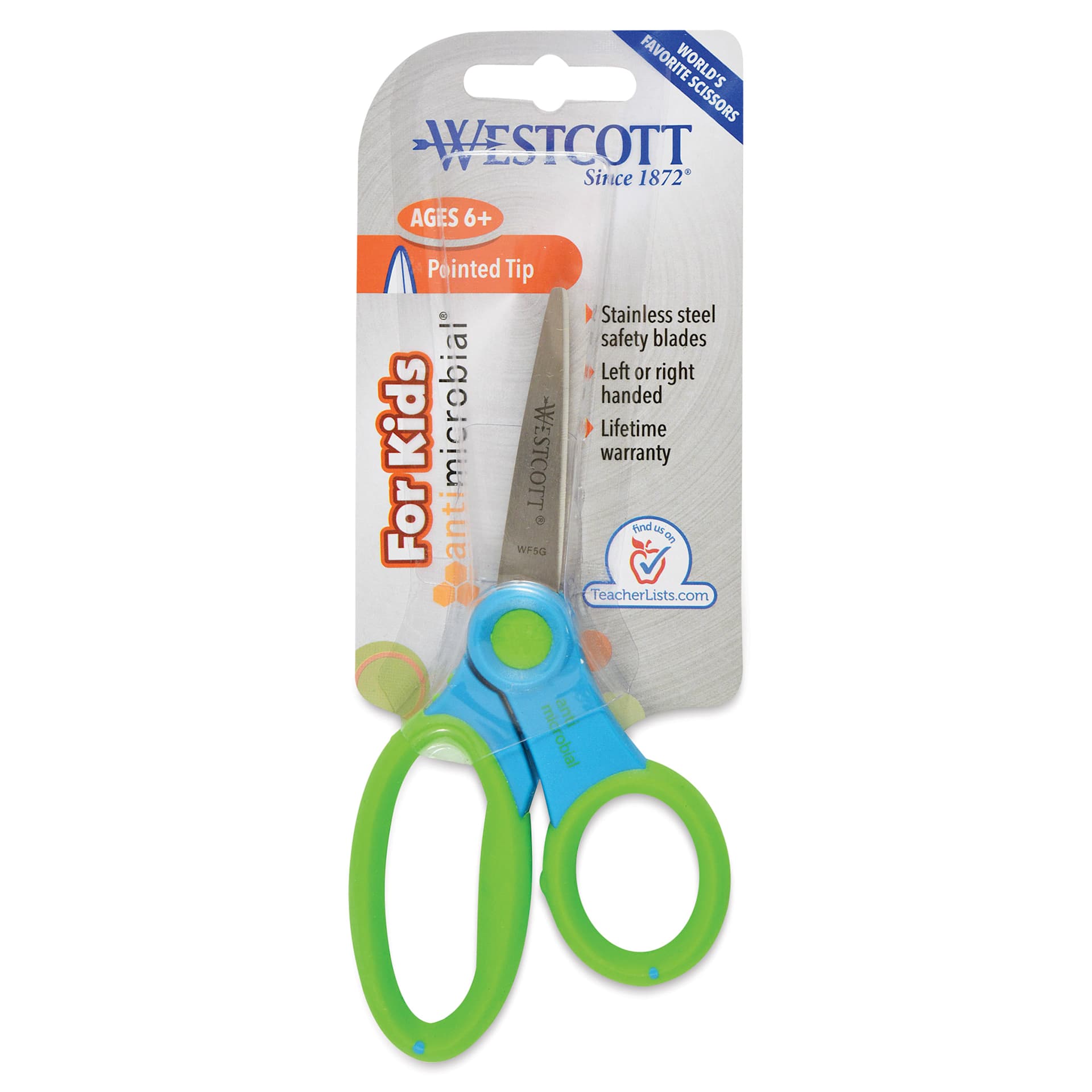Westcott Anti-Microbial Protection Soft Handle Kids Scissors - 5", Pointed green and blue variant in packaging