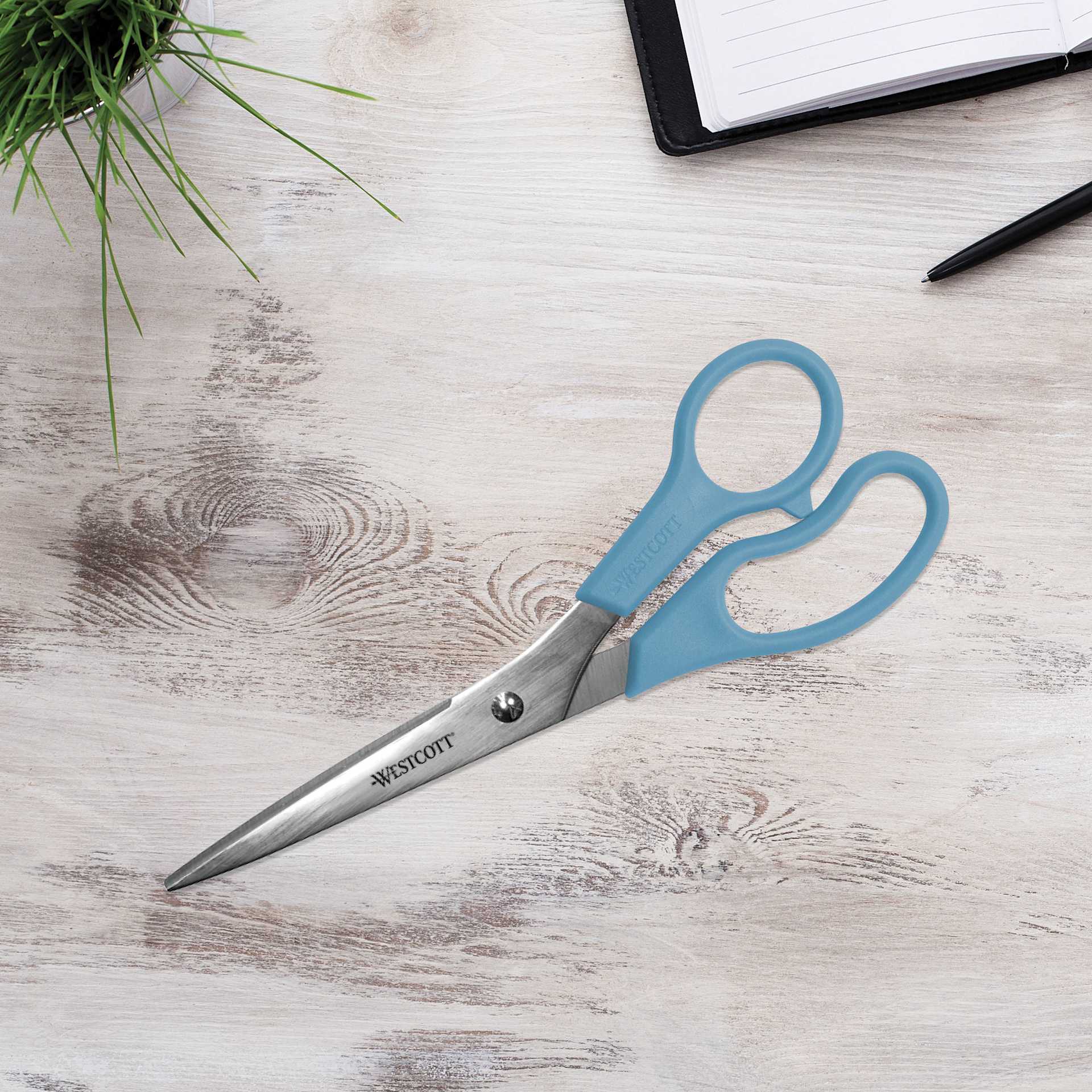 Westcott Straight All Purpose Value Scissors - Pkg of 3, 8" laying on a table