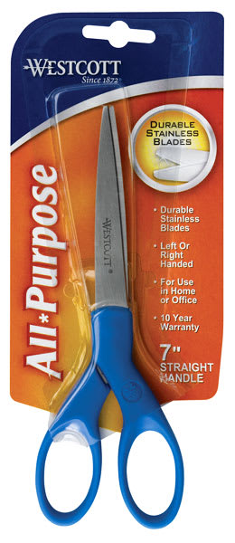Westcott All Purpose Stainless Steel Scissors - Front of package of 7" Blue Straight Scissors 