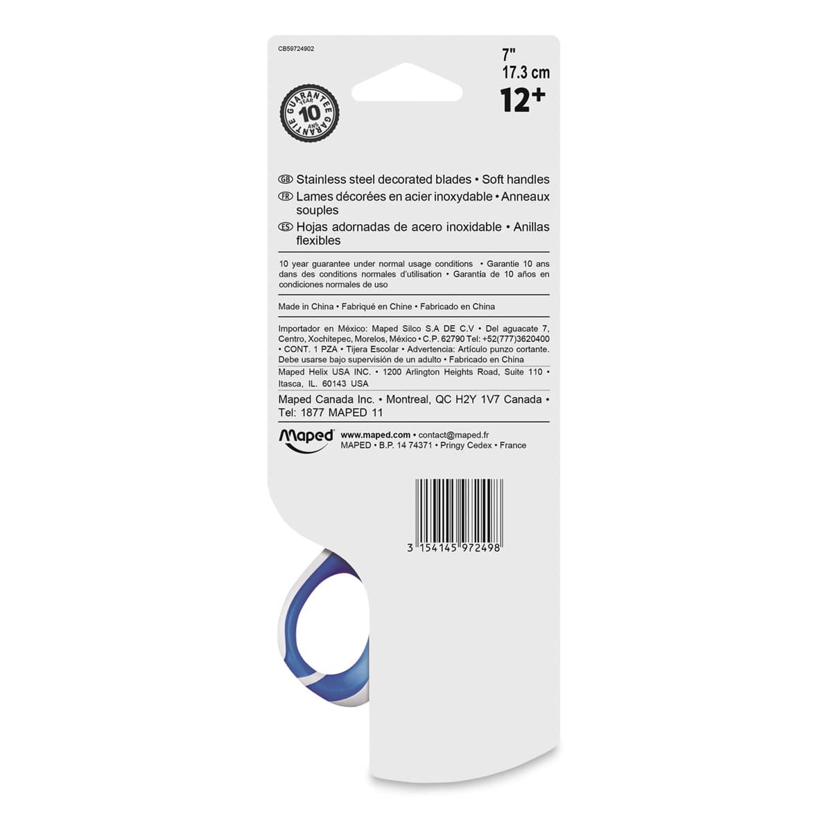 Maped Zenoa Fit Multi-Purpose Scissors - 7", Student Version, Universal - blue scissors back of packaging