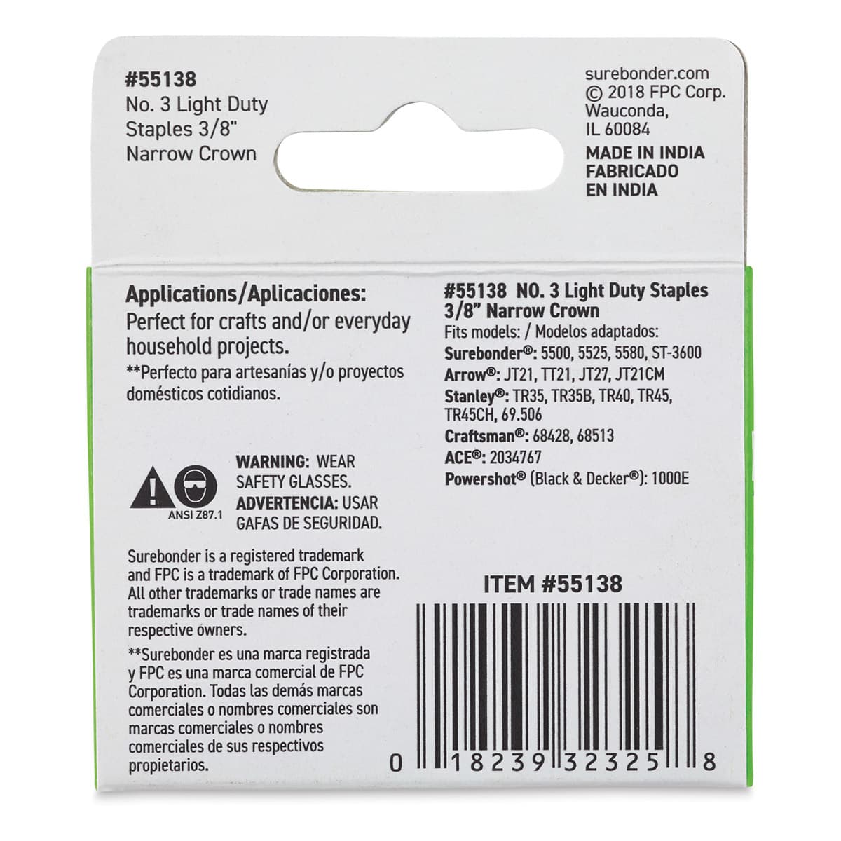 Surebonder Light Duty Staples - 3/8", Box of 1000, Back Of Package