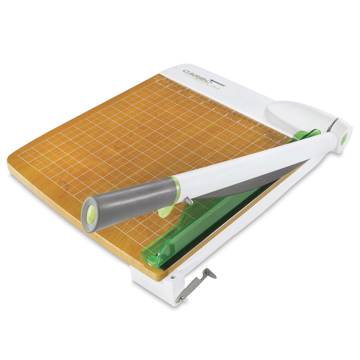 Westcott CarboTitanium Guillotine Paper Trimmer - Right angled view with blade raised
