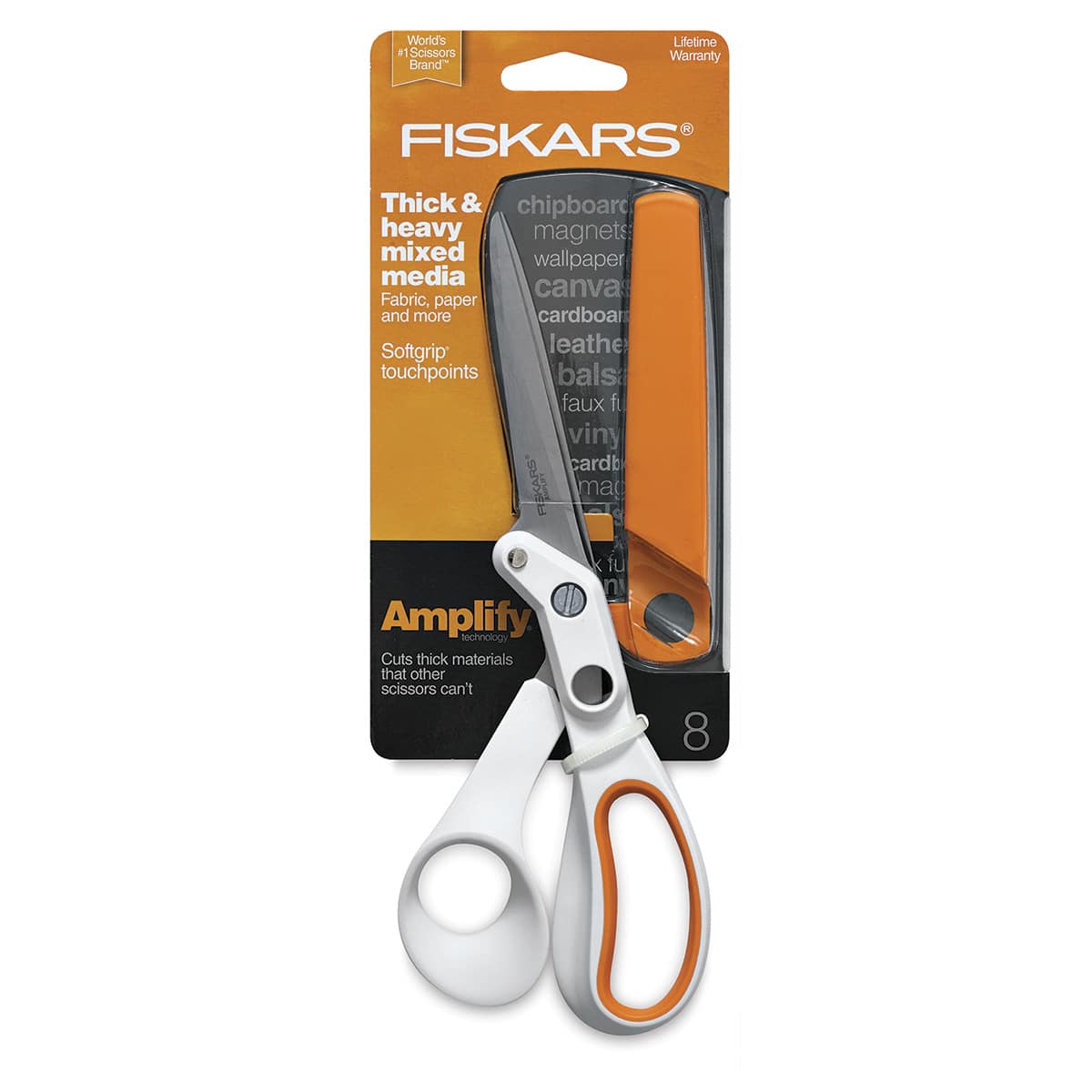 Fiskars Amplify Mixed Media Shears - Front of package showing scissors and blade sheath Fiskars Amplify Mixed Media Shears - Front of package showing scissors and blade sheath