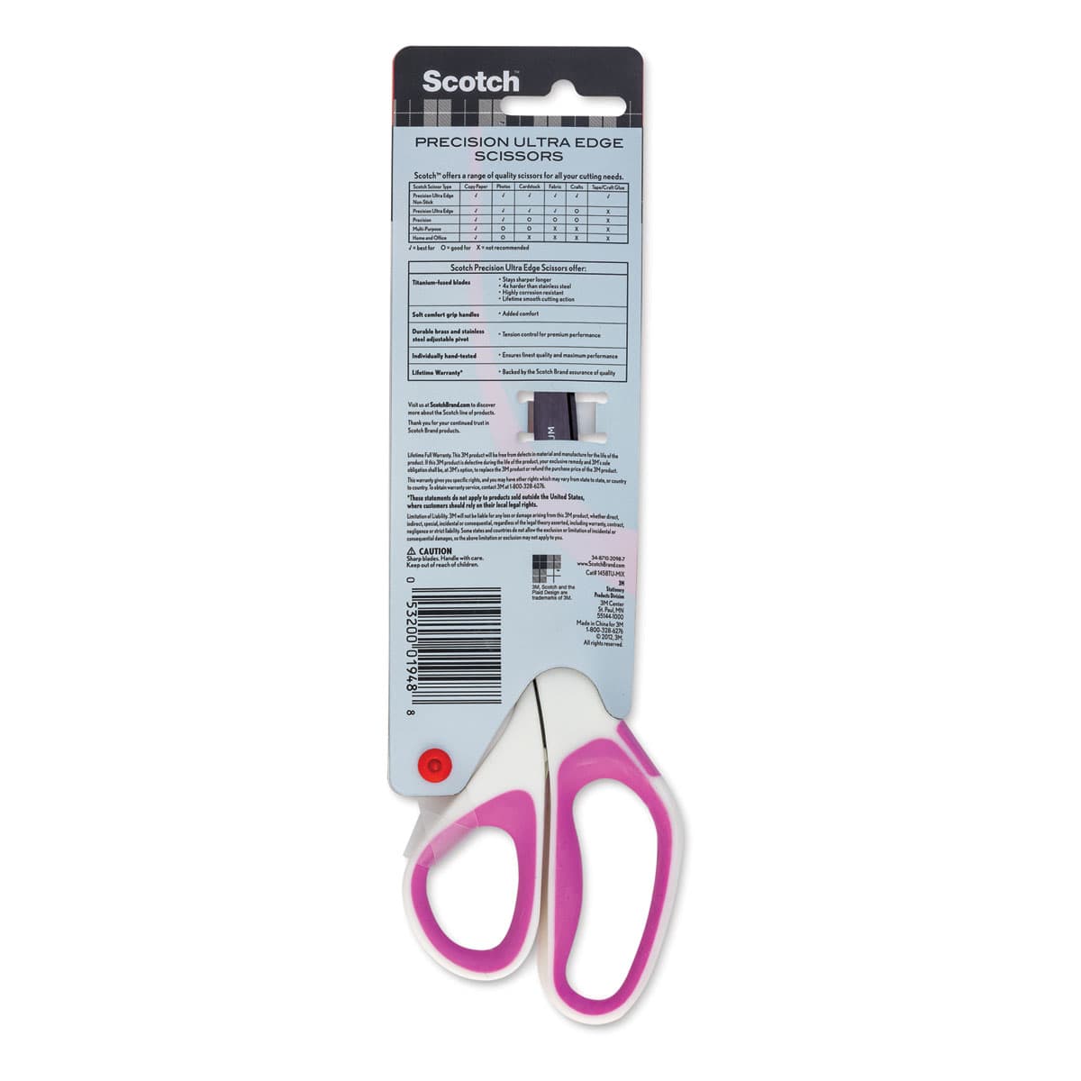 Scotch 8" Precision Ultra Edge Scissors, Pink, Back Of Package