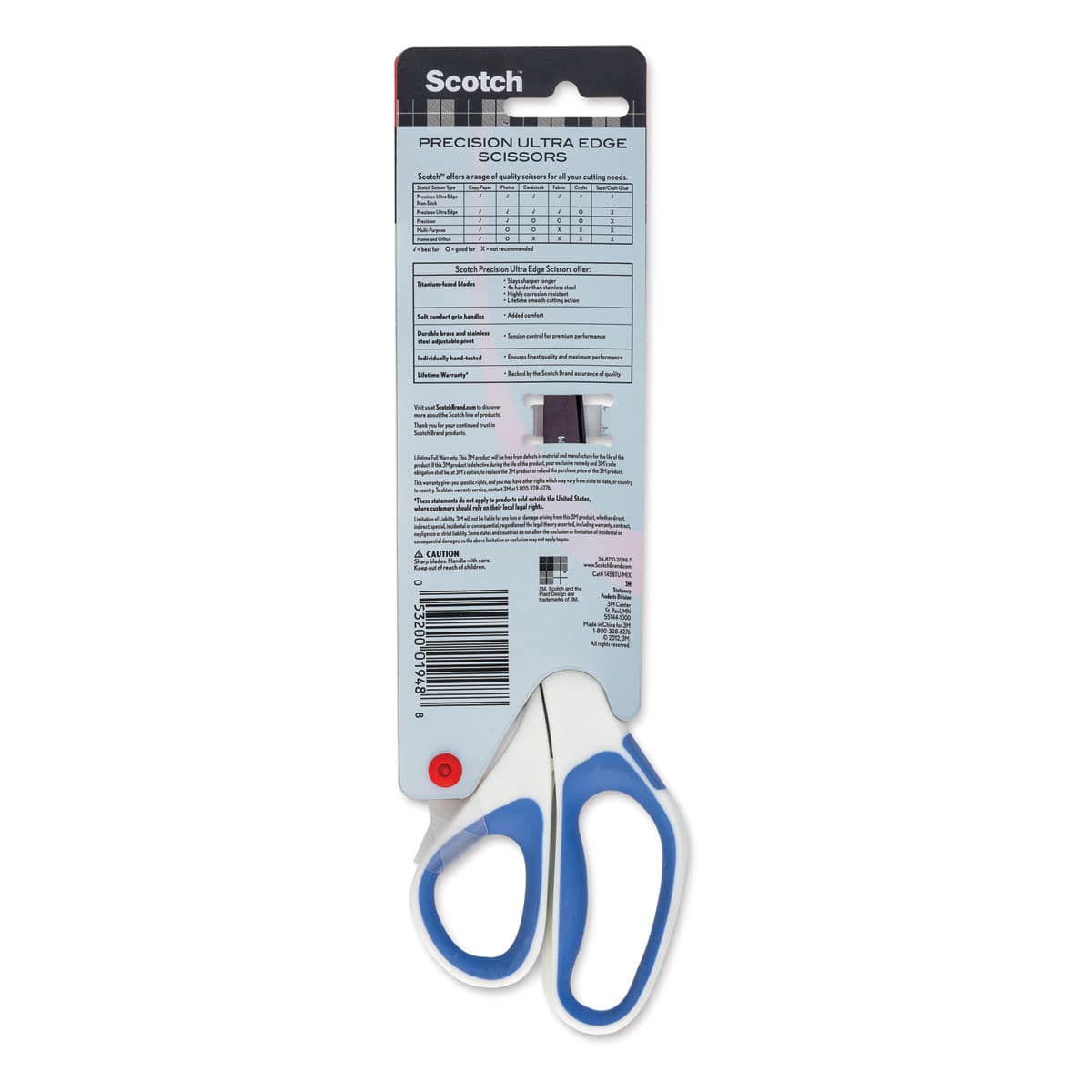 Scotch 8" Precision Ultra Edge Scissors, Blue, Back Of Package