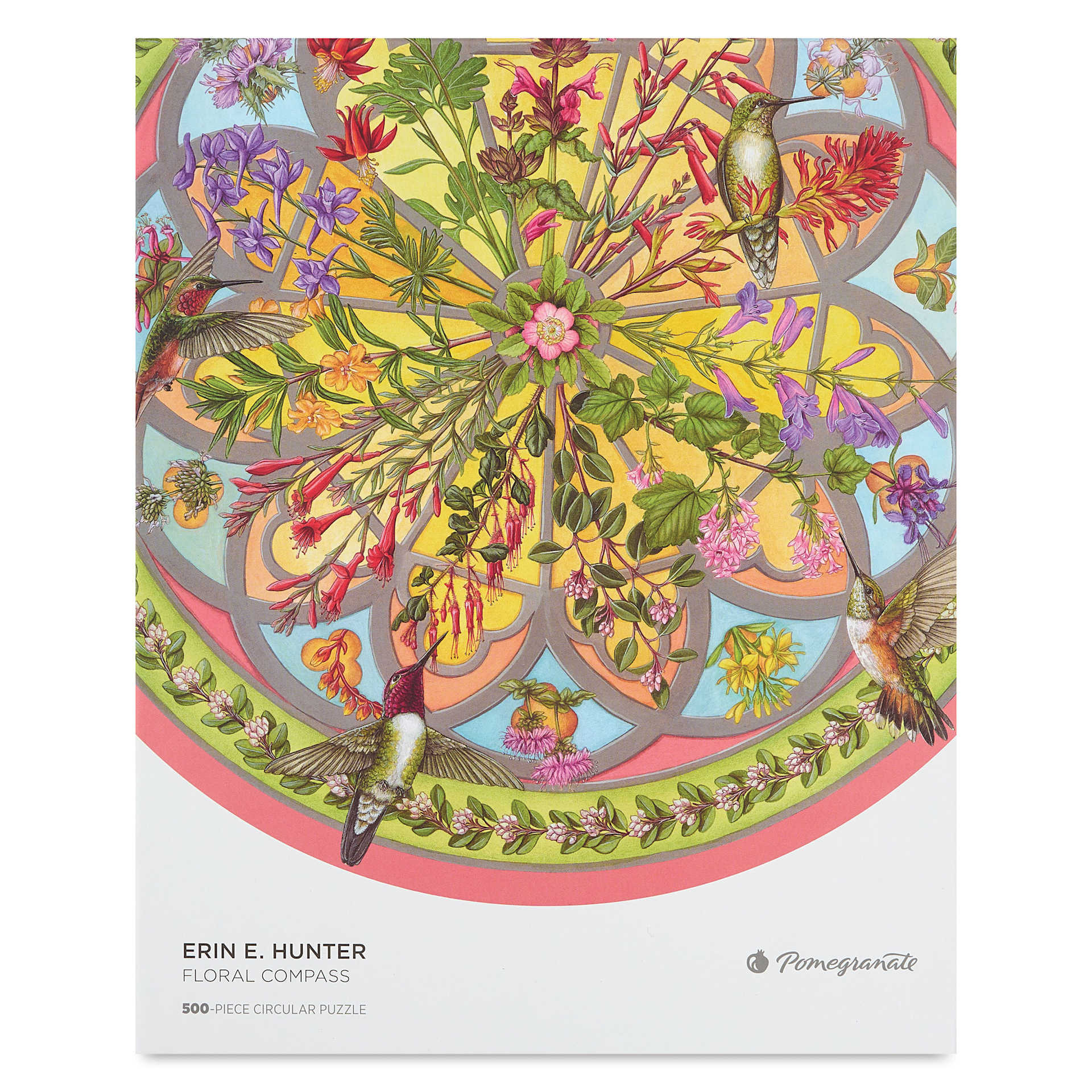 Pomegranate Erin E. Hunter Floral Compass 500-Piece Circular Jigsaw Puzzle, front of packaging