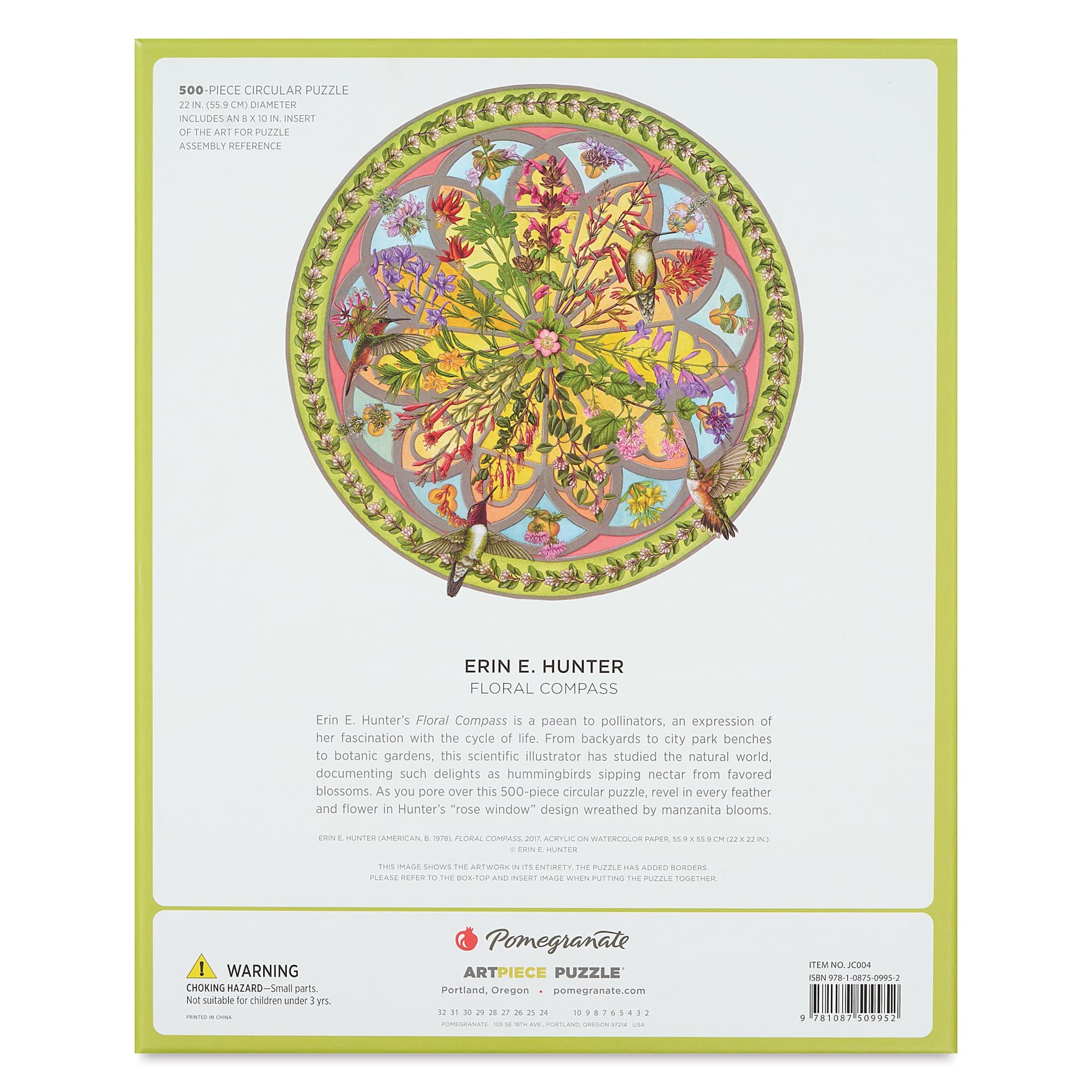 Pomegranate Erin E. Hunter Floral Compass 500-Piece Circular Jigsaw Puzzle, back of packaging