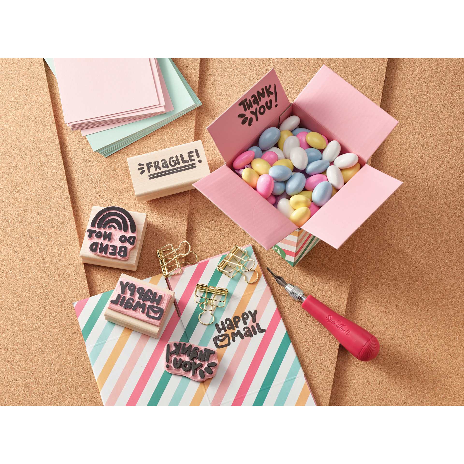 Speedball Speedy Carve Blocks, carved with messages stamped on gift wrapping and gift box