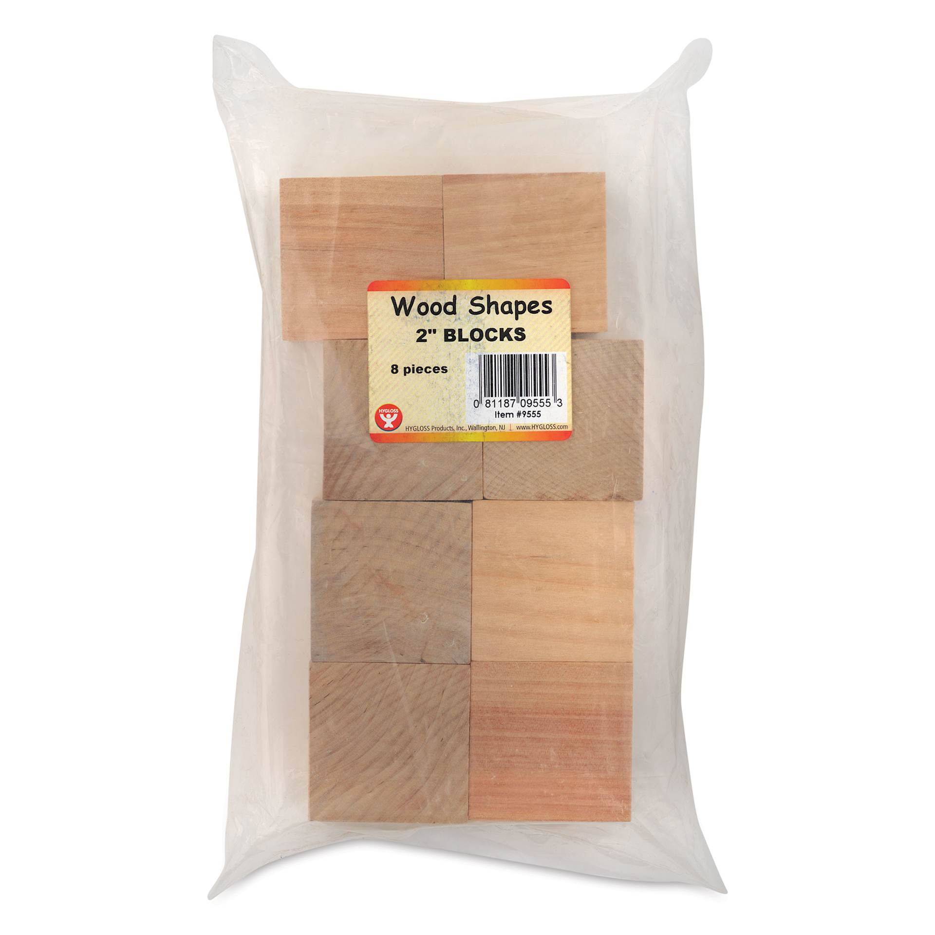 Hygloss Wooden Blocks - Pkg of 8, 2" Cubes - front of packaging
