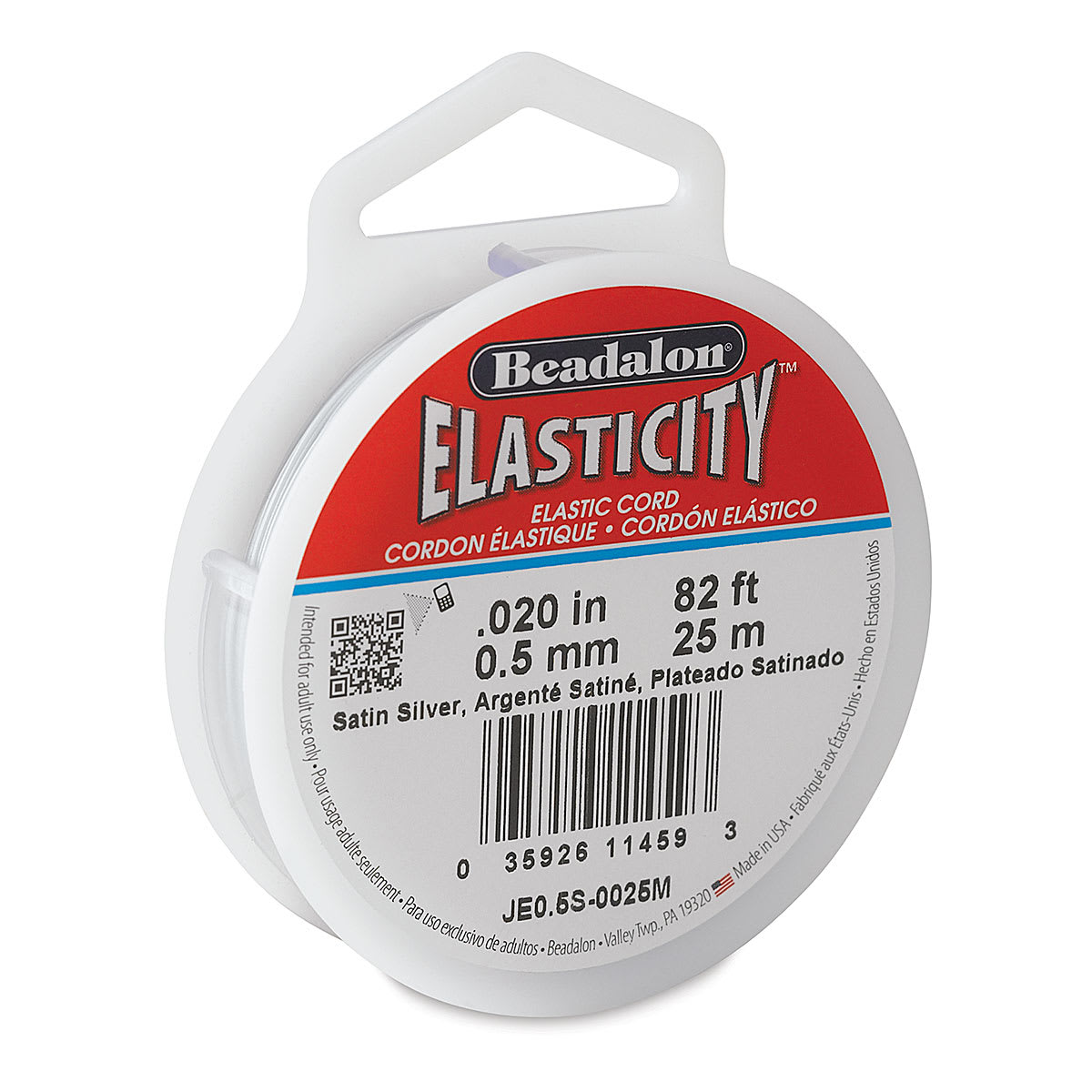 Beadalon Elasticity Cord - 0.5 mm x 82 ft, Satin Silver