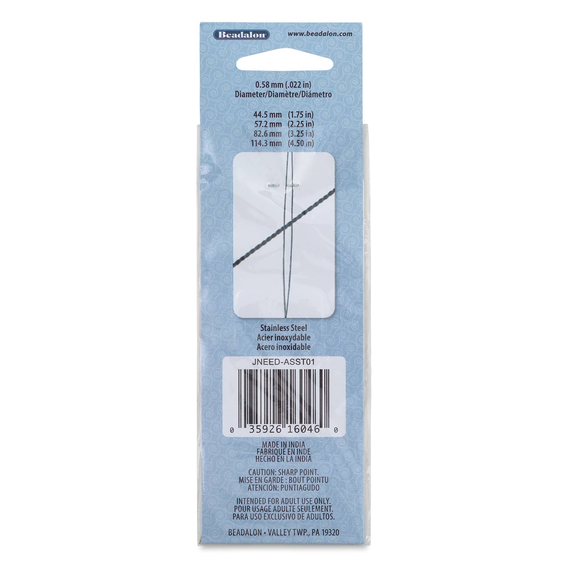 Beadalon Big Eye Beading Needles - Pkg of 4, Assorted Sizes back of packaging