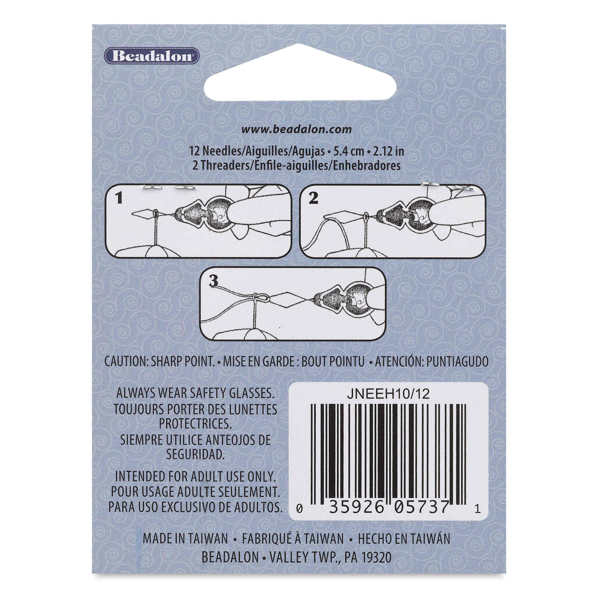 Beadalon Hard Beading Needles - Size 10, Pkg of 12 back of packaging