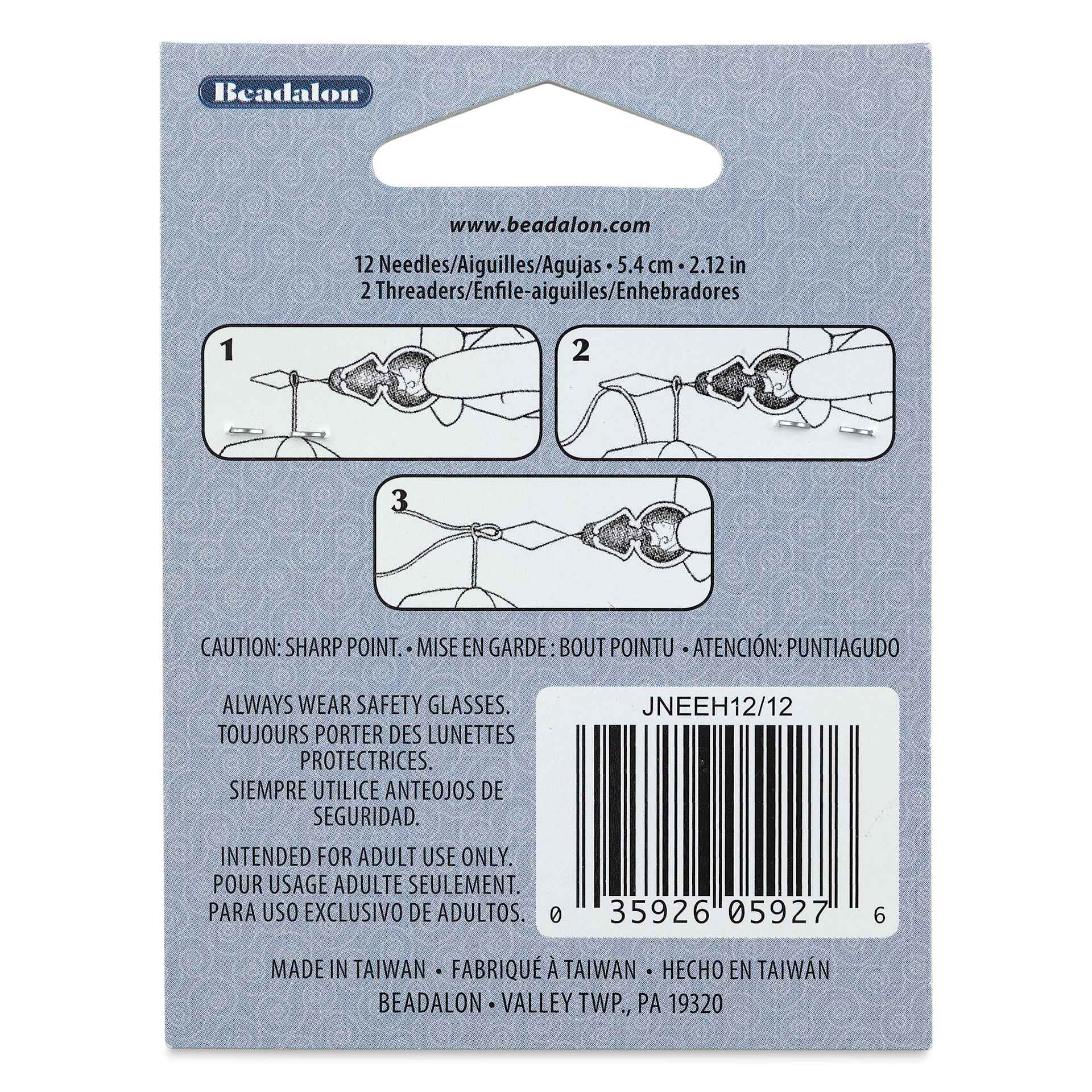 Beadalon Hard Beading Needles - Size 12, Pkg of 12 back of packaging