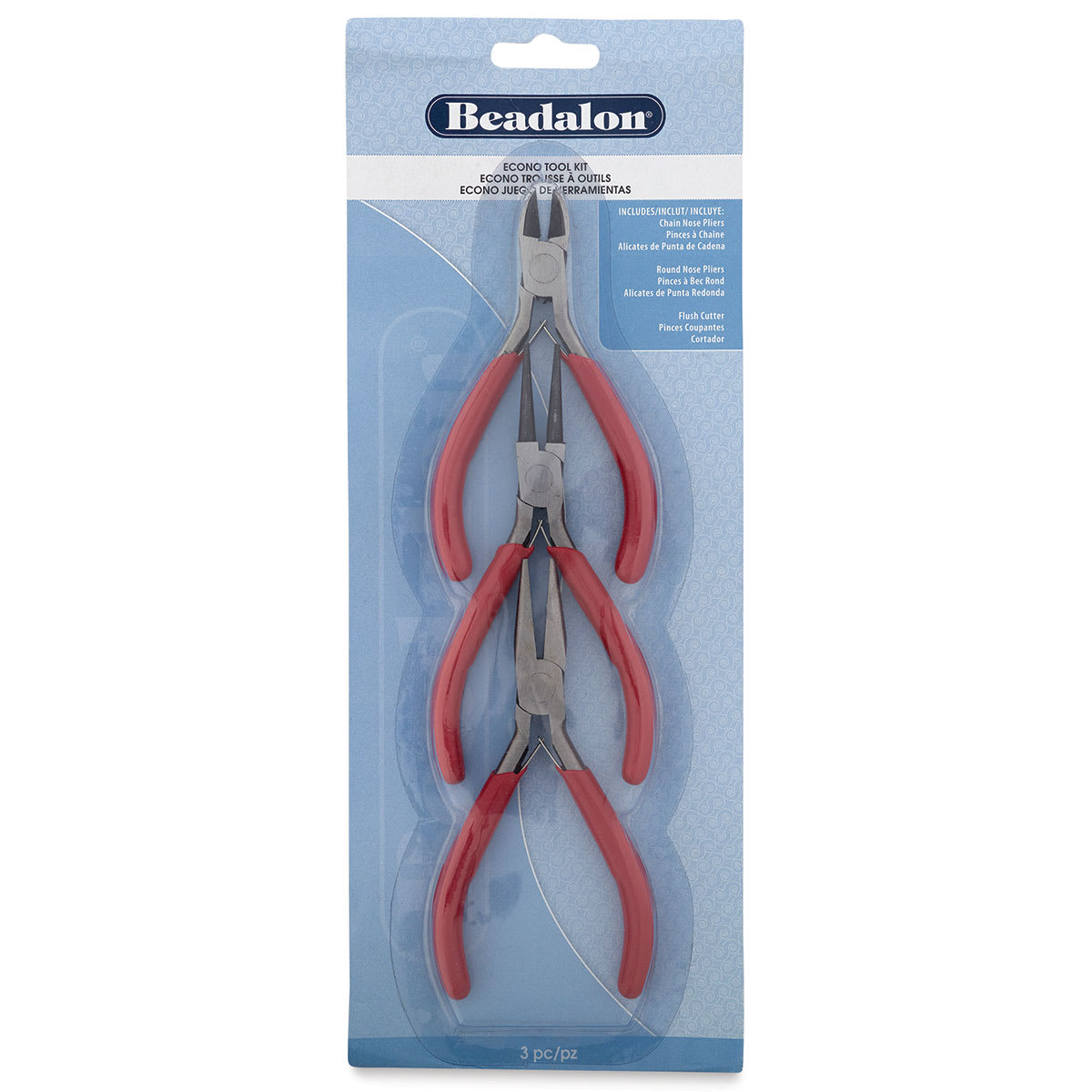 Beadalon Econo Pliers Tool Kit - Front of blister package showing 3 pliers