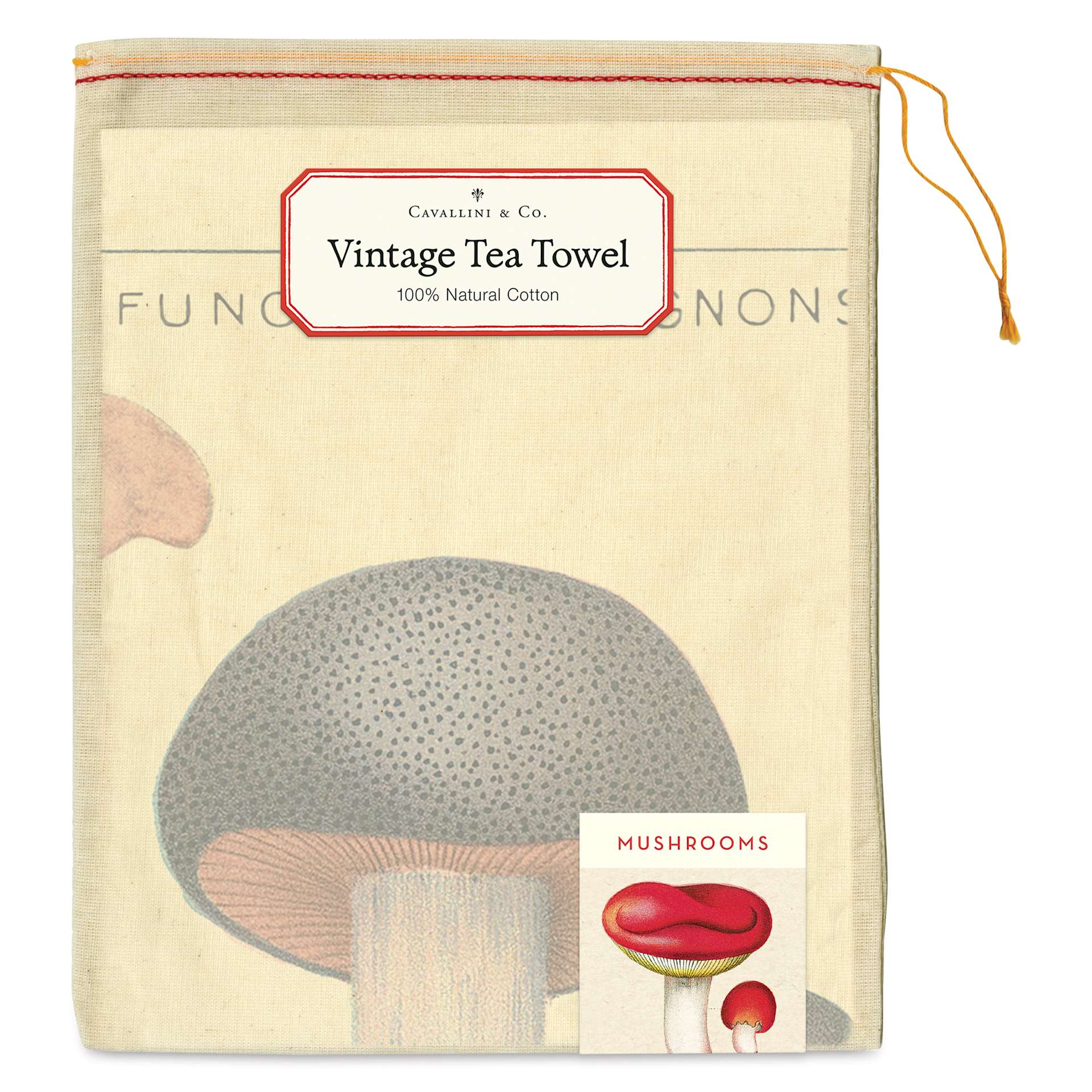 Cavallini Mushrooms Tea Towel (Front of packaging)