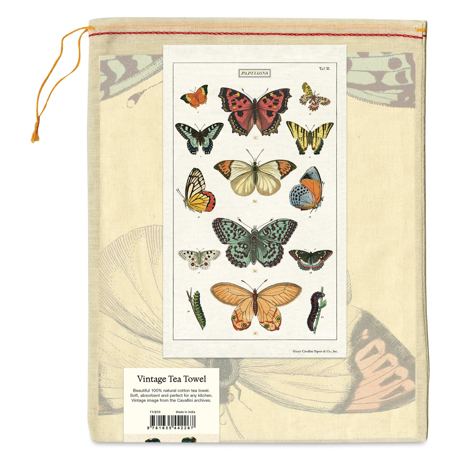 Cavallini Butterflies Tea Towel (Back of packaging)