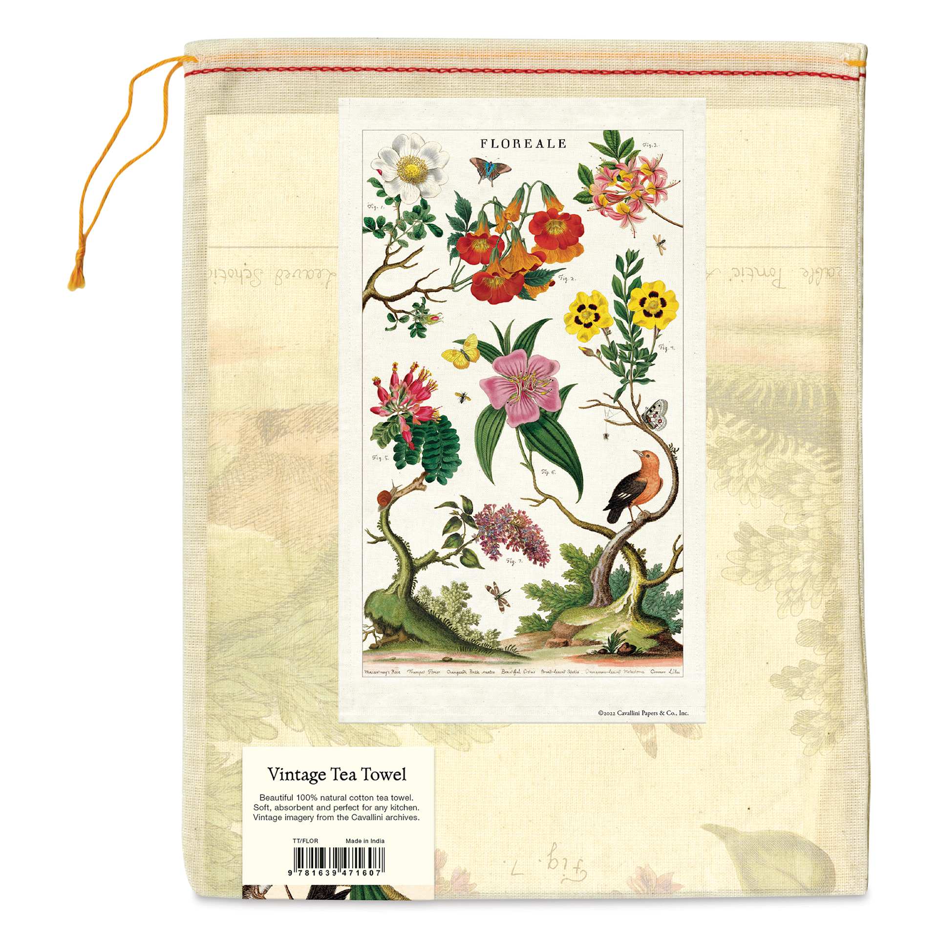Cavallini Vintage Floreale Tea Towel back of packaging