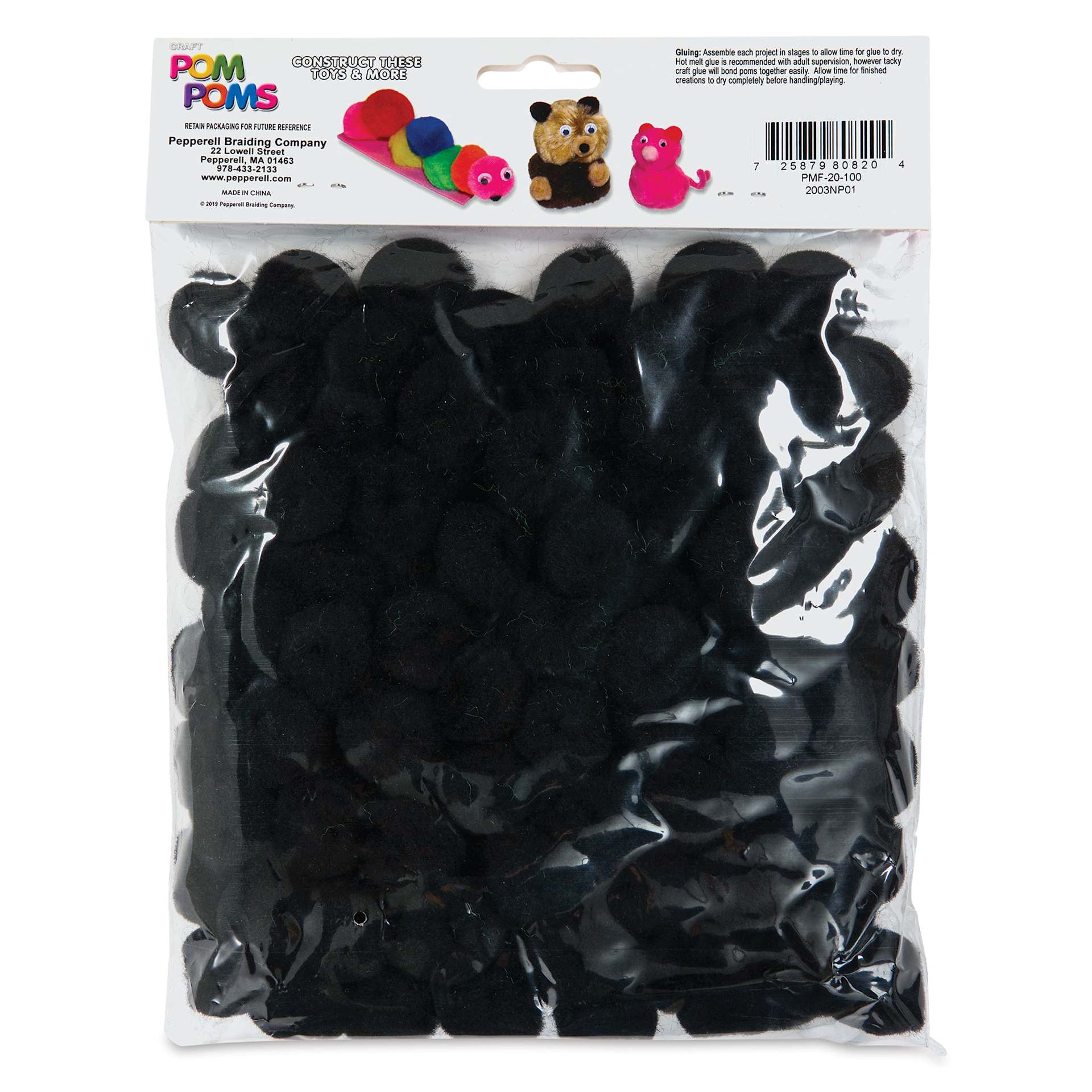 Pepperell Craft Pom Poms - Pkg of 100, 1", Black back of packaging