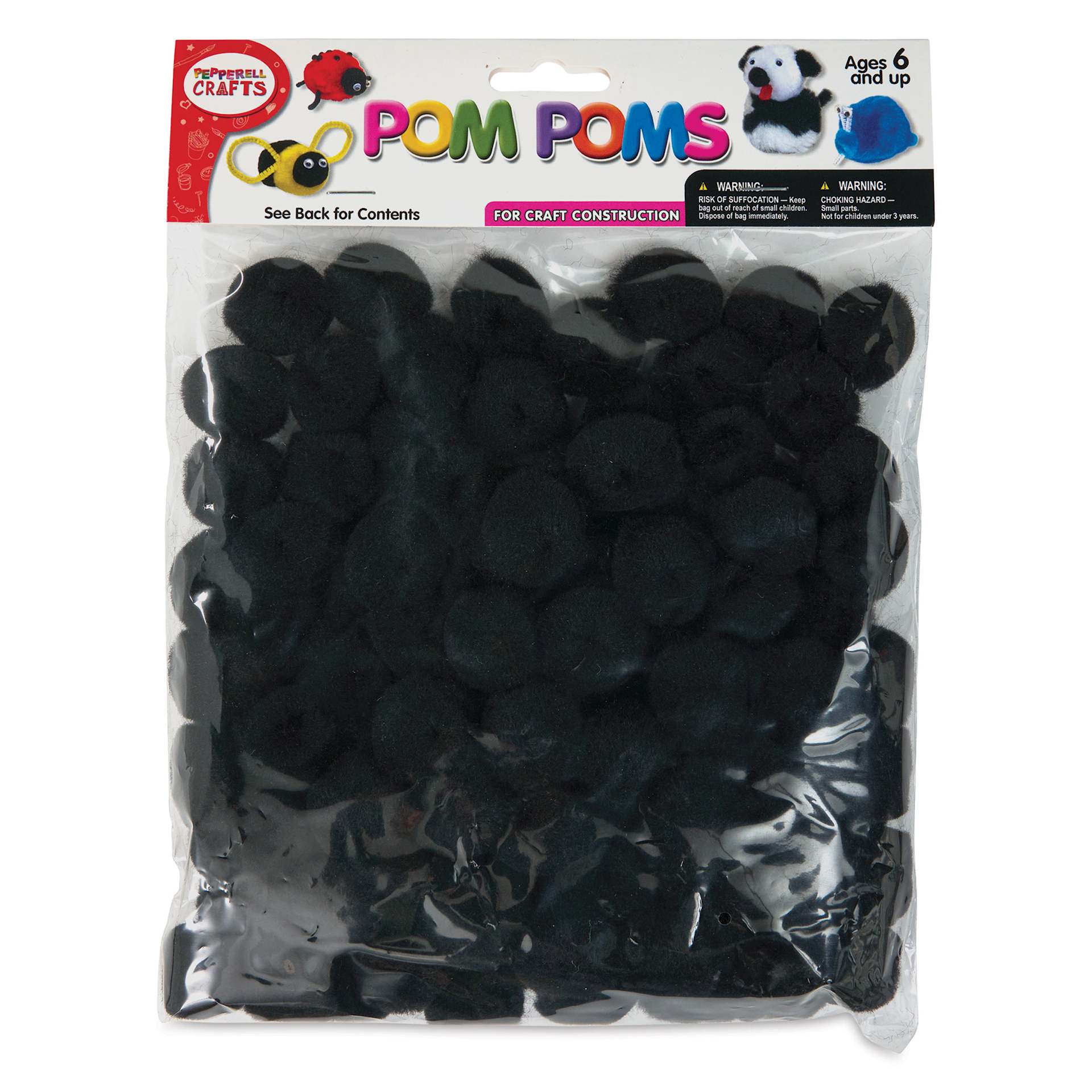 Pepperell Craft Pom Poms - Pkg of 100, 1", Black front of packaging