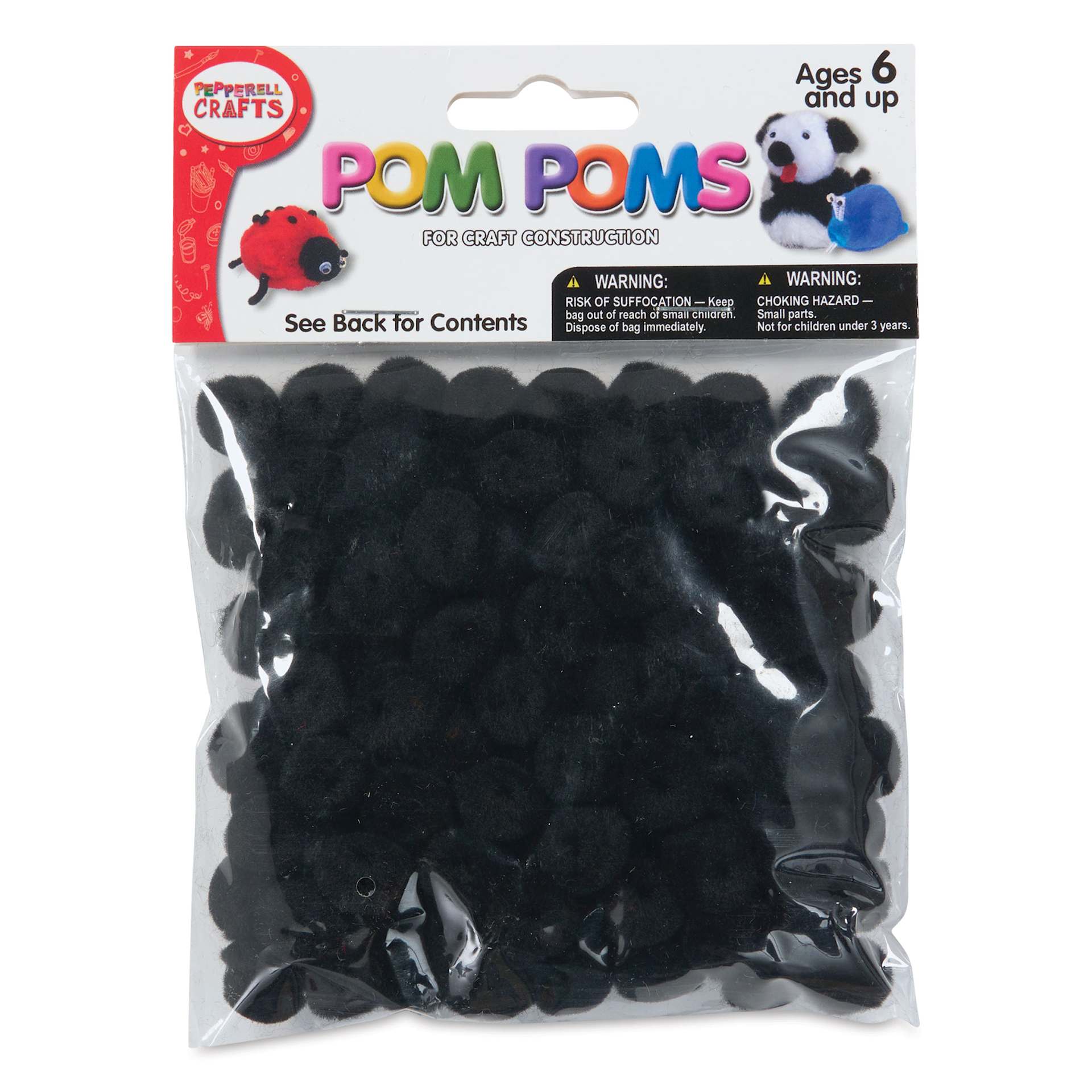 Pepperell Craft Pom Poms - Pkg of 100, 1/2", Black front of packaging