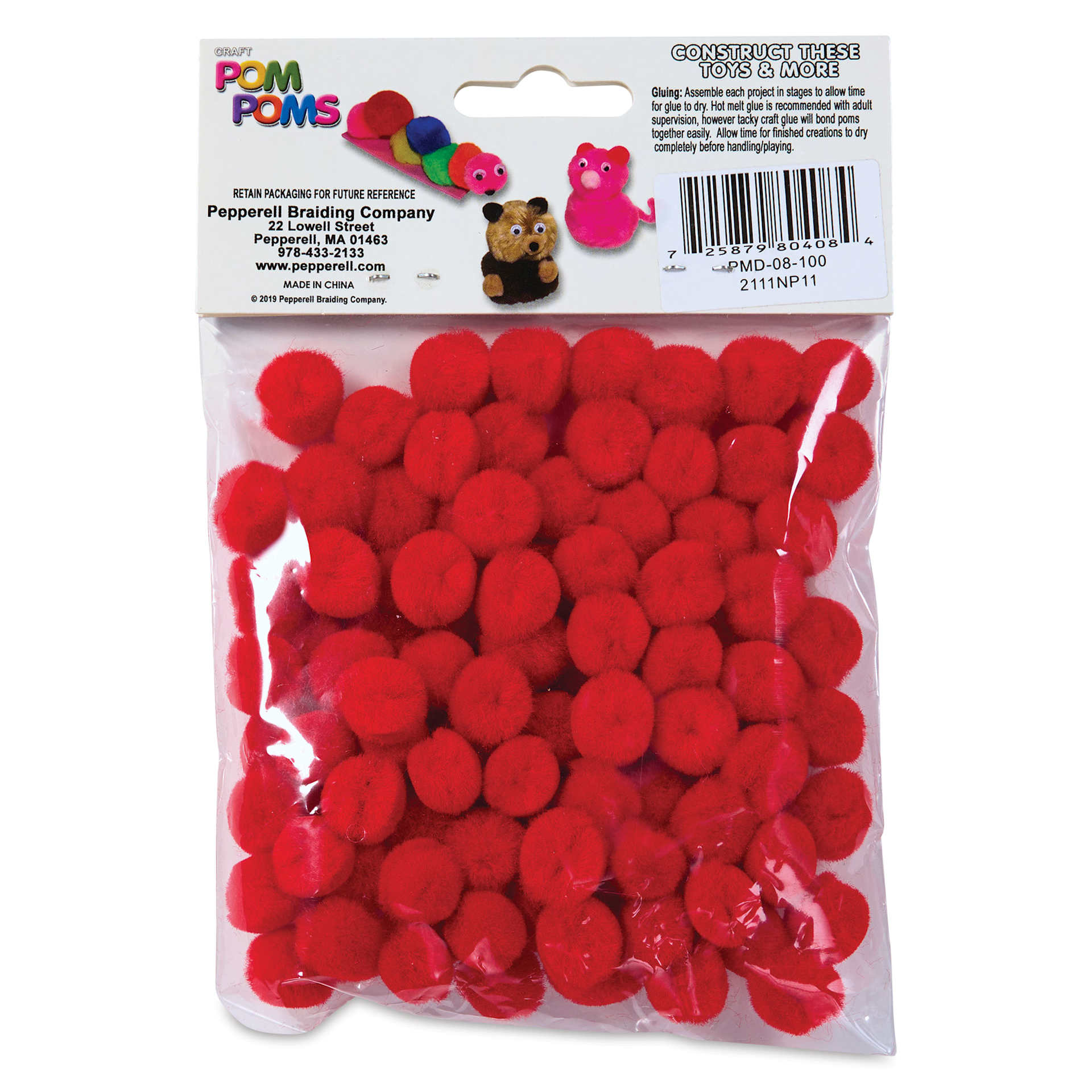 Pepperell Craft Pom Poms - Pkg of 100, 1/2", Red back of packaging