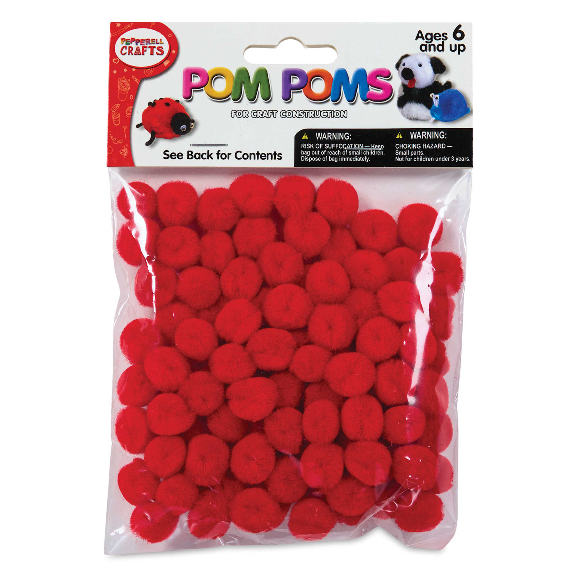 Pepperell Craft Pom Poms - Pkg of 100, 1/2", Red front of packaging