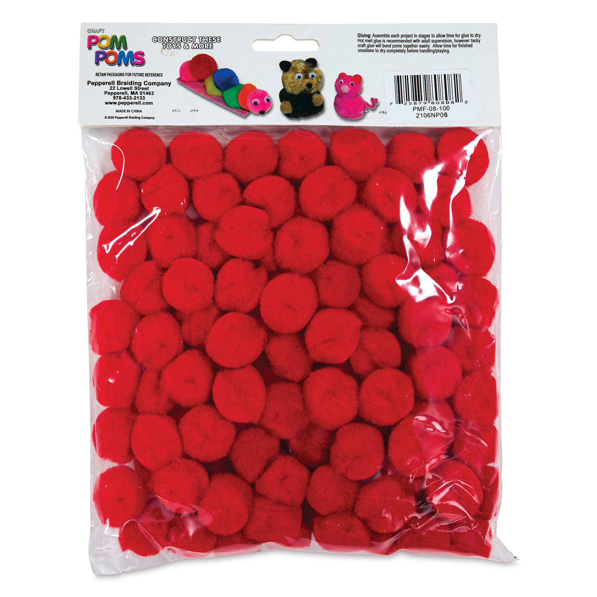 Pepperell Craft Pom Poms - Pkg of 100, 1", Red back of packaging