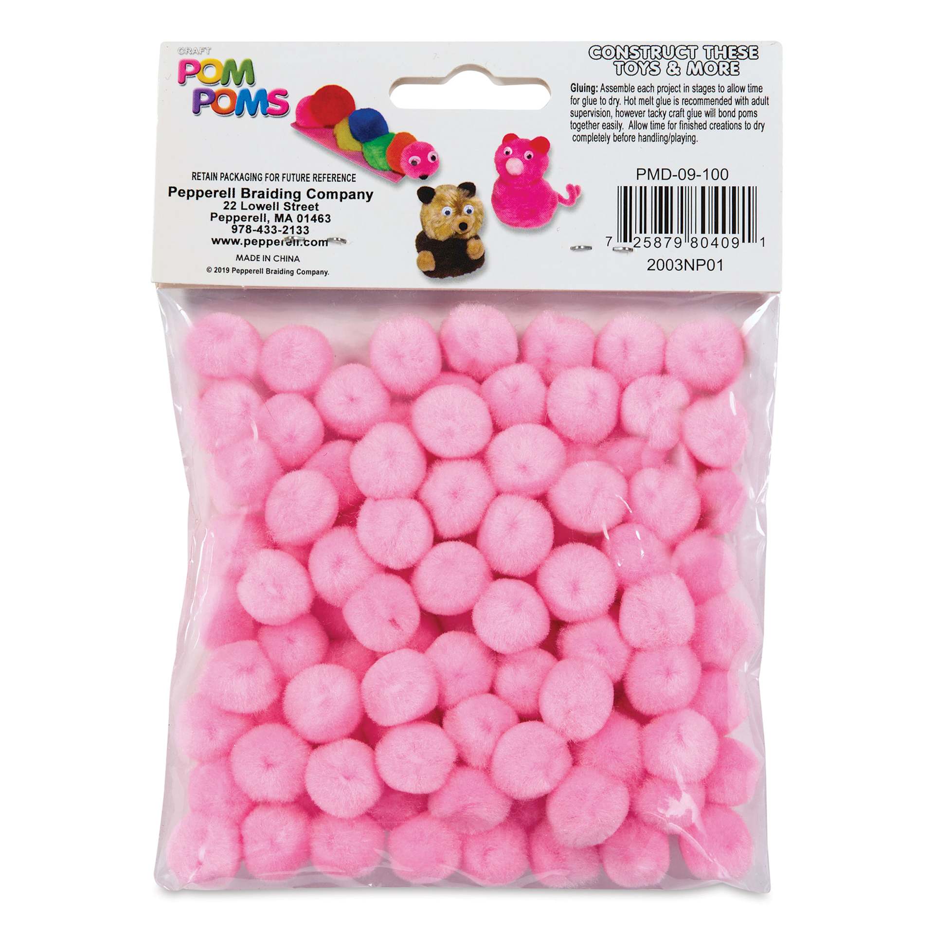 Pepperell Craft Pom Poms - Pkg of 100, 1/2", Light Pink back of packaging