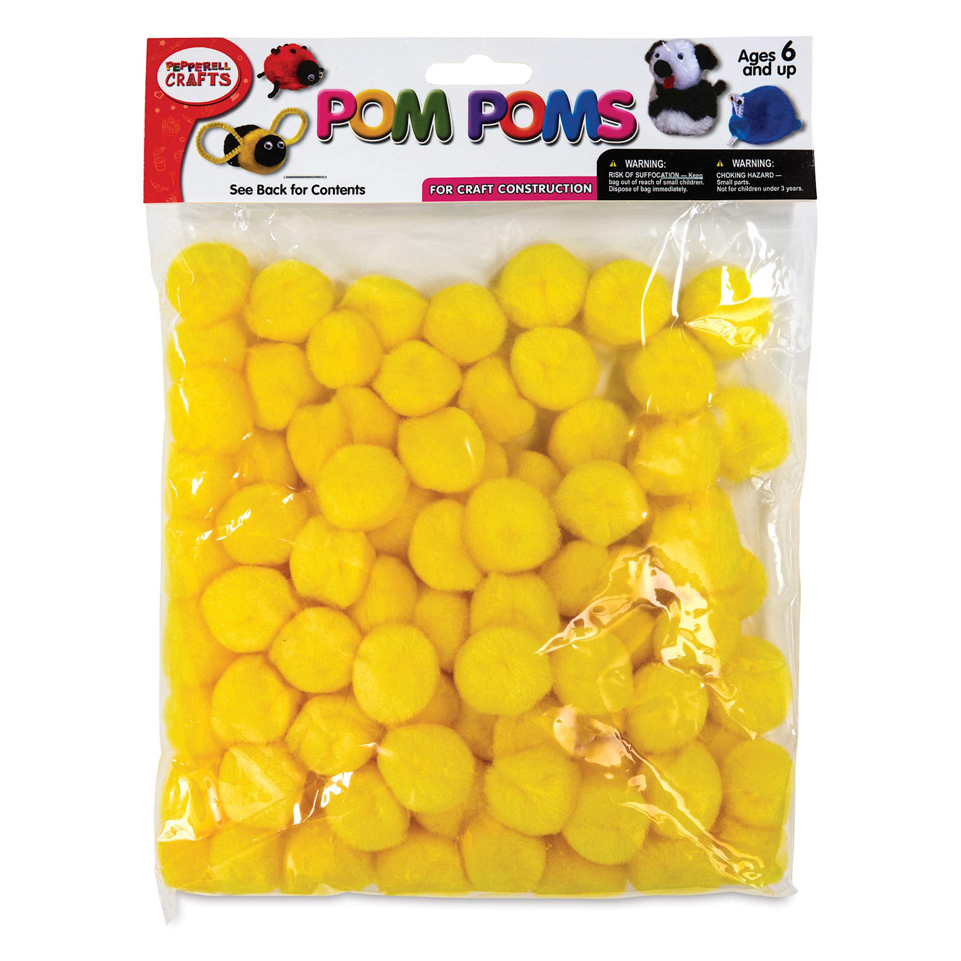 Pepperell Craft Pom Poms - Pkg of 100, 1", Yellow front of packaging
