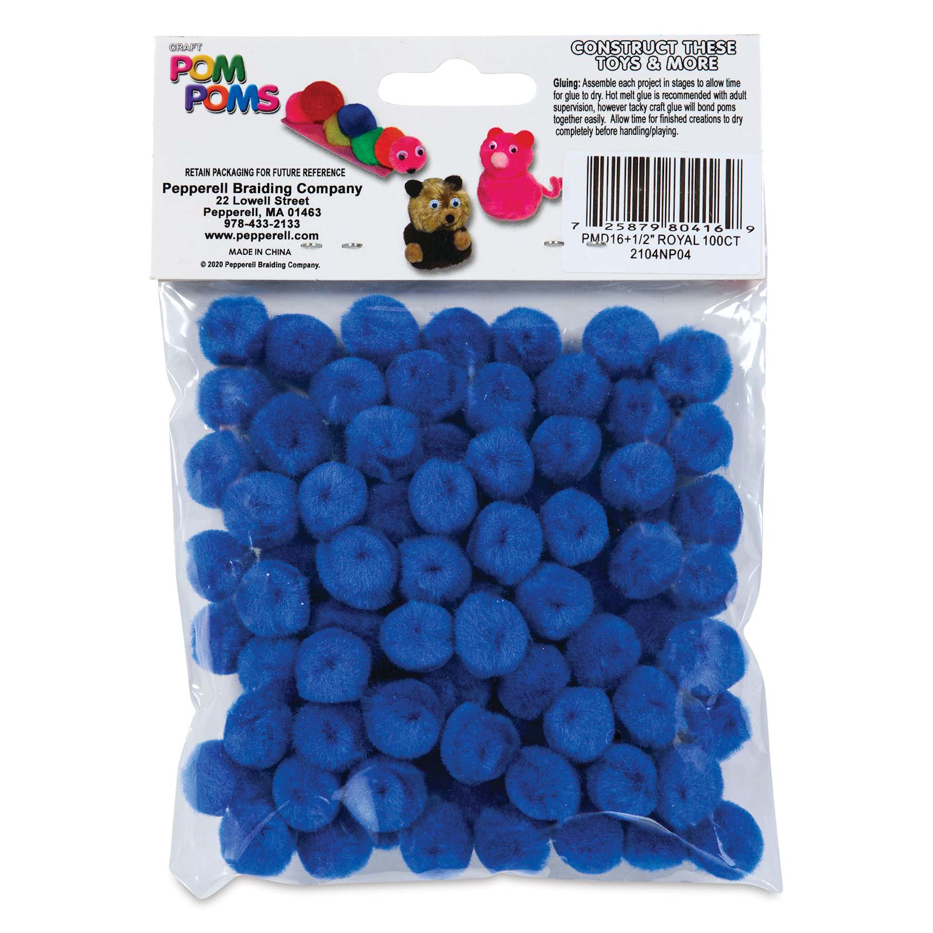 Pepperell Craft Pom Poms - Pkg of 100, 1/2", Royal Blue back of packaging