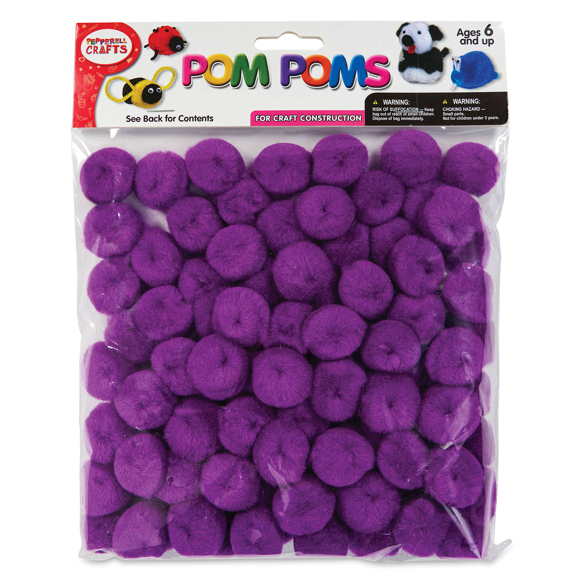 Pepperell Craft Pom Poms - Pkg of 100, 1", Purple front of packaging