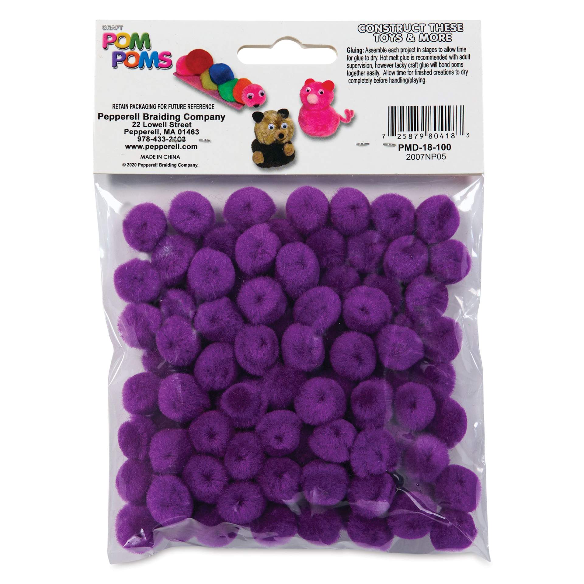 Pepperell Craft Pom Poms - Pkg of 100, 1/2", Purple back of packaging