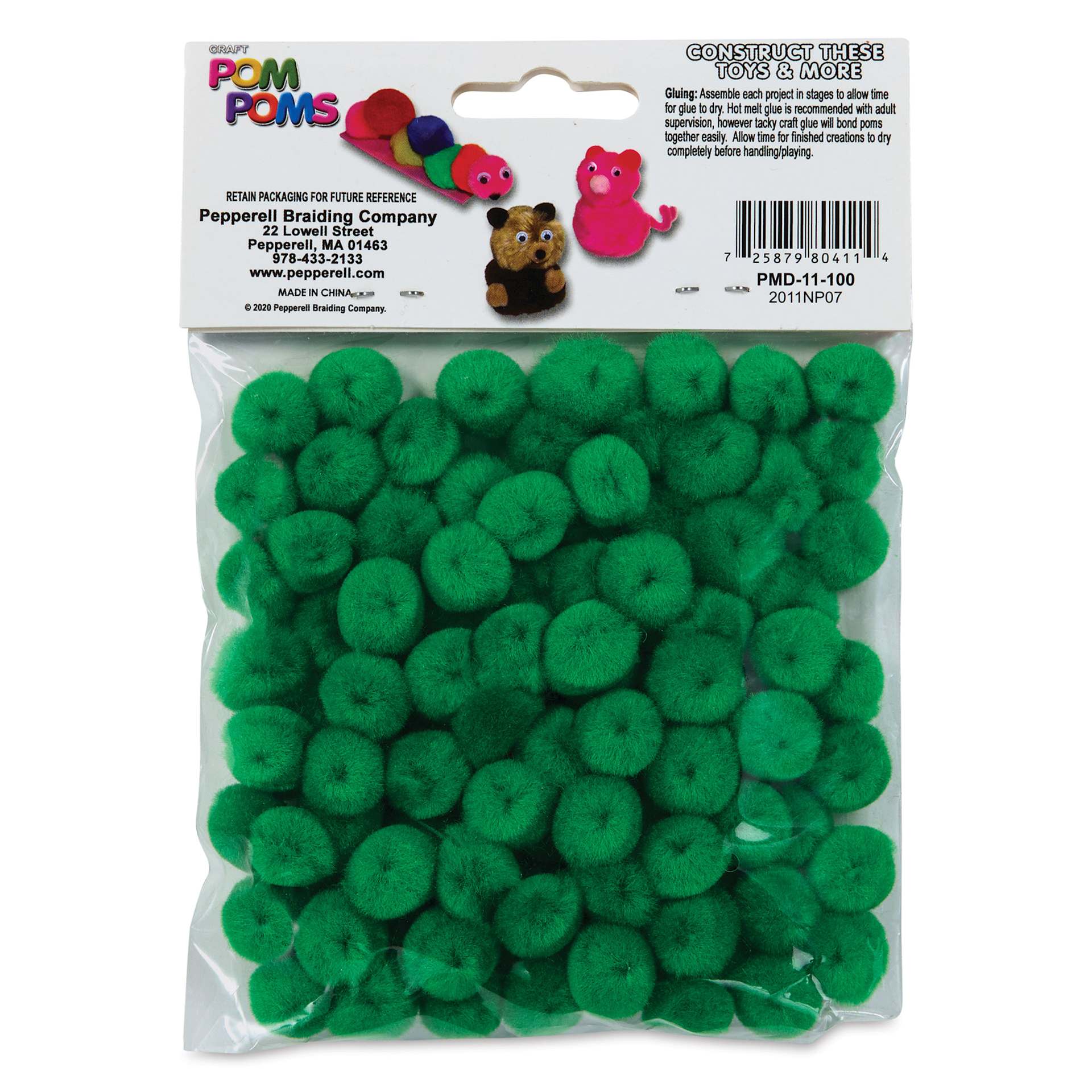 Pepperell Craft Pom Poms - Pkg of 100, 1/2", Kelly Green back of packaging