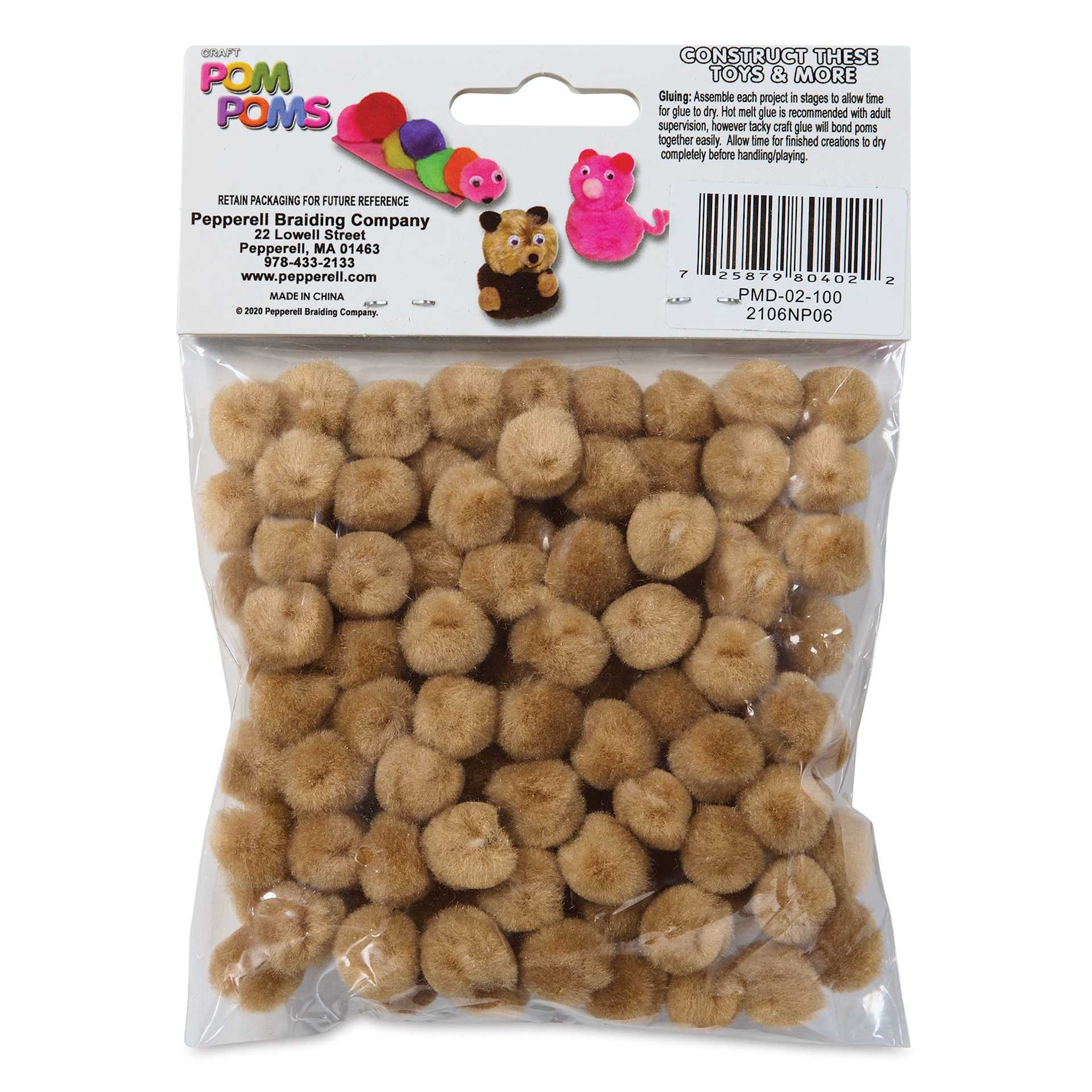 Pepperell Craft Pom Poms - Pkg of 100, 1/2", Beige back of packaging