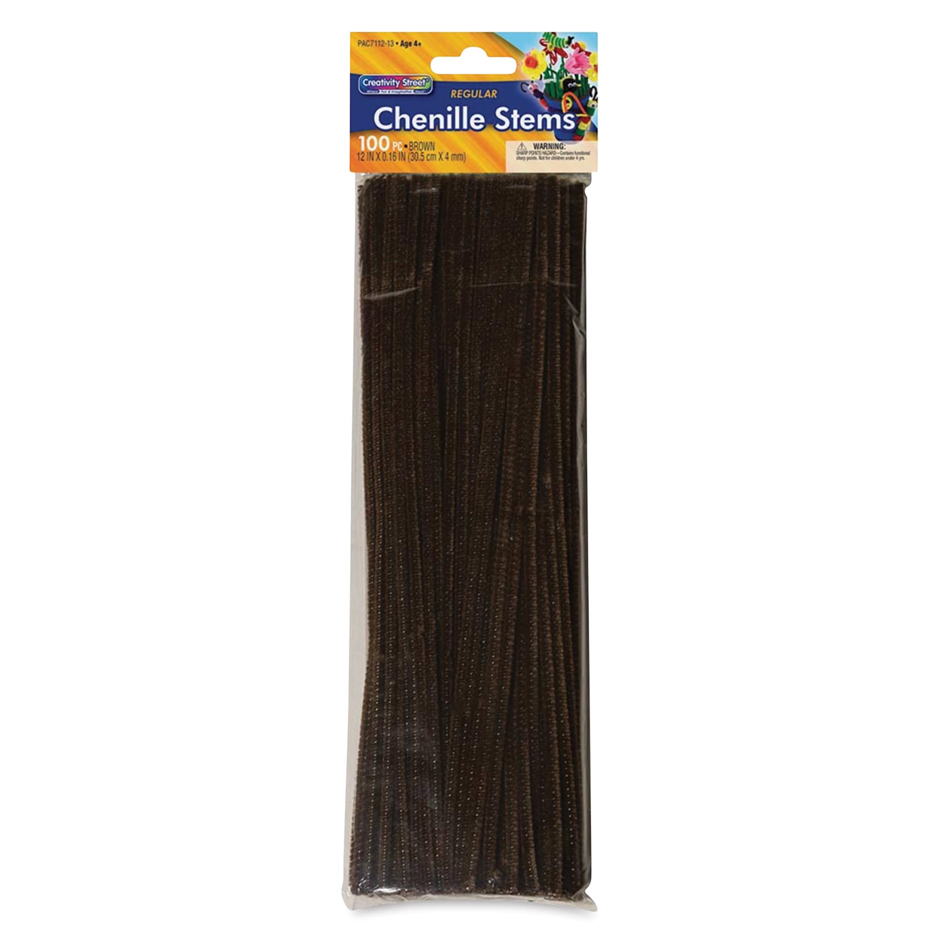 Creativity Street Regular Chenille Stems - 4 mm x 12", Pkg of 100, Brown - front of packaging