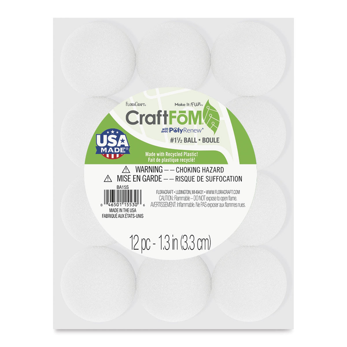 FloraCraft CraftFōM Blocks and Shapes - 1.5" diameter, Ball, Pkg of 12 - front of packaging